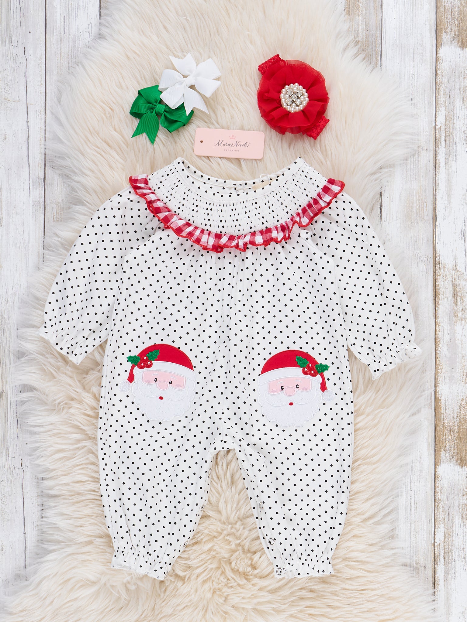 Polka Dots Santa Smocked Romper - Marie Nicole Clothing