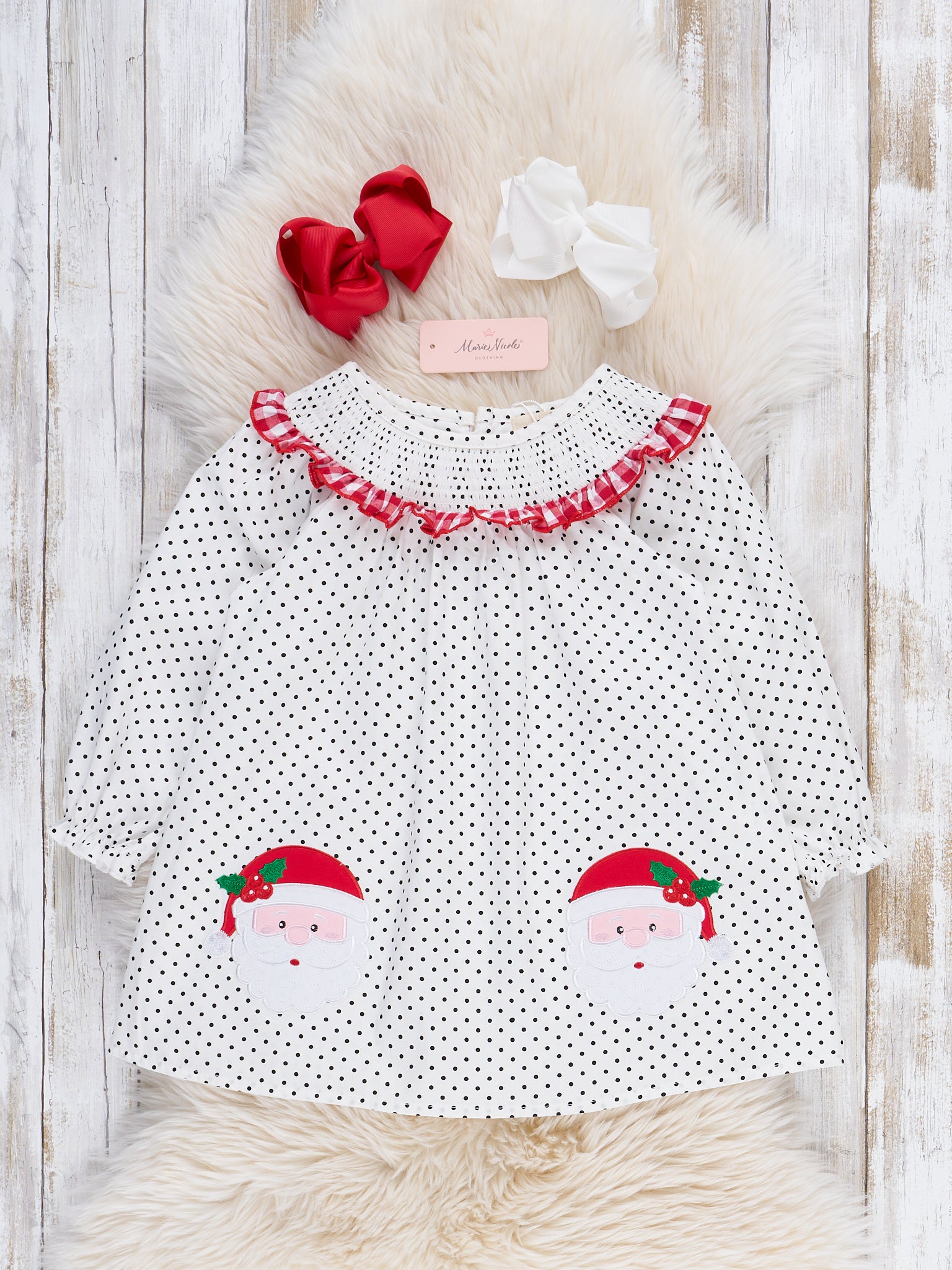 Polka Dots Santa Smocked Dress - Marie Nicole Clothing