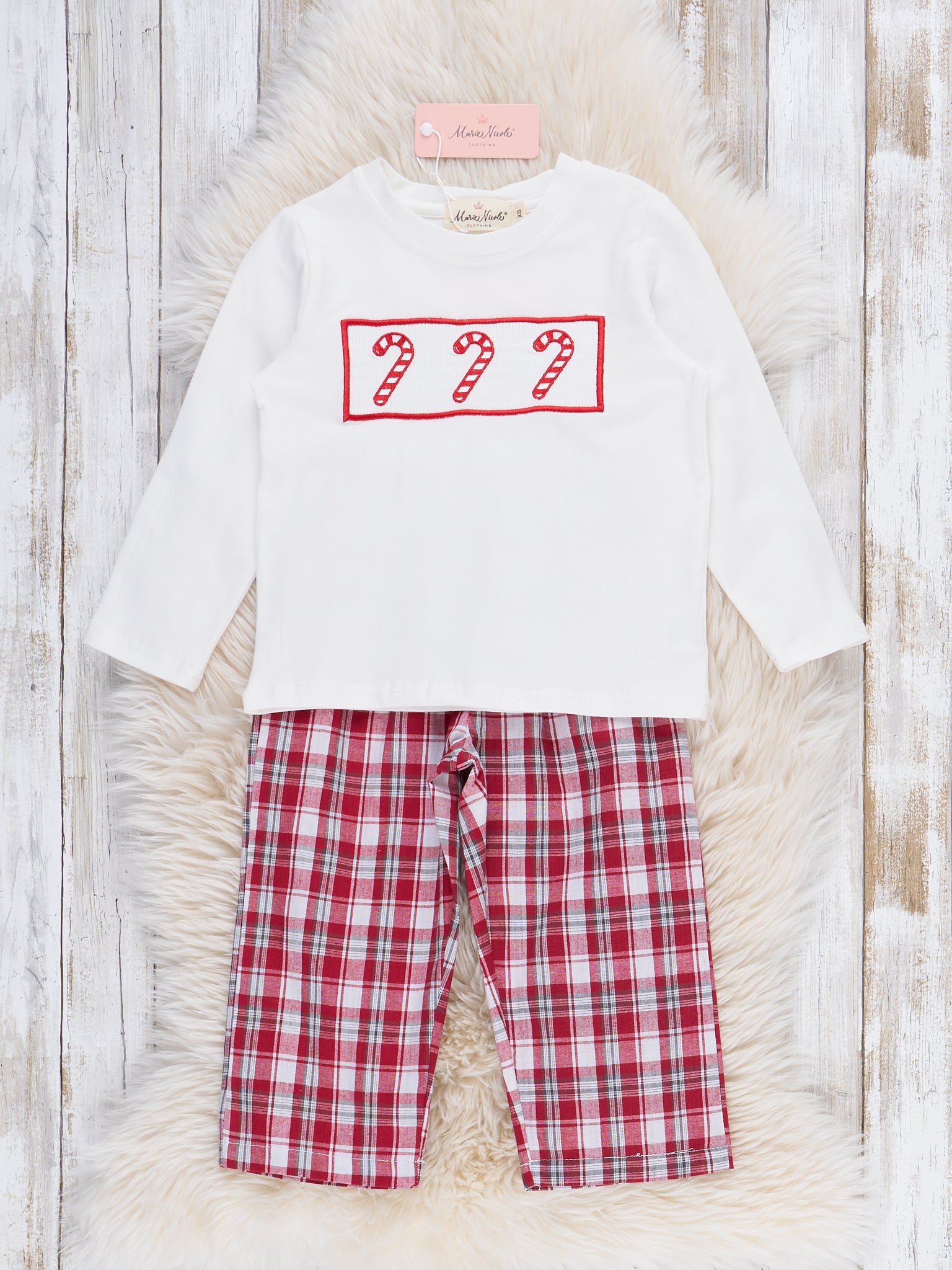 Candy Cane Plaid Smocked Outfit - Marie Nicole Clothing