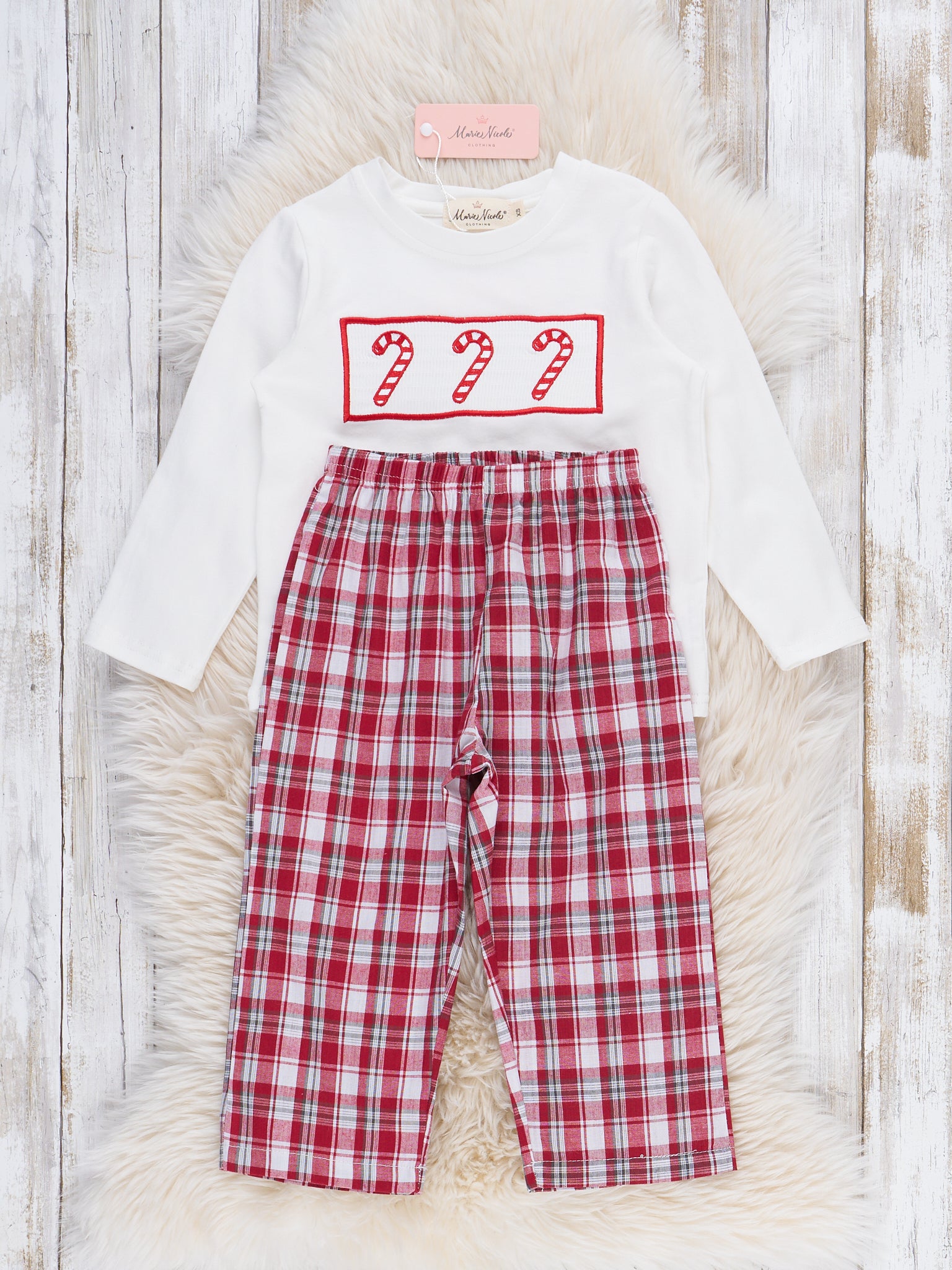 Candy Cane Plaid Smocked Outfit - Marie Nicole Clothing