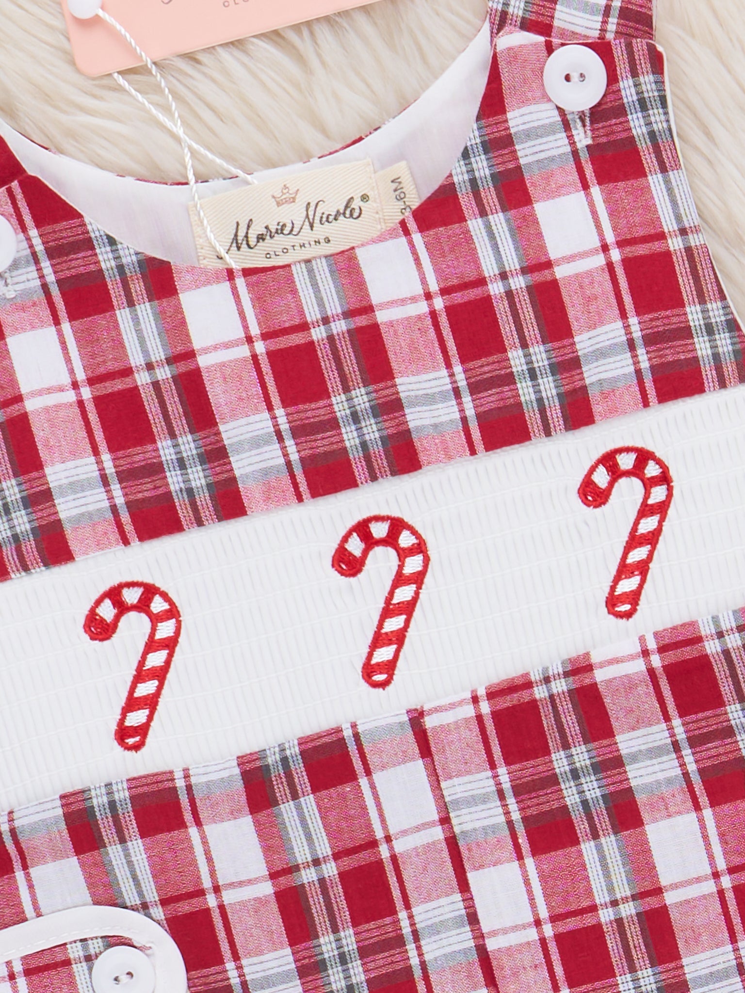 Candy Cane Plaid Smocked Johnny - Marie Nicole Clothing