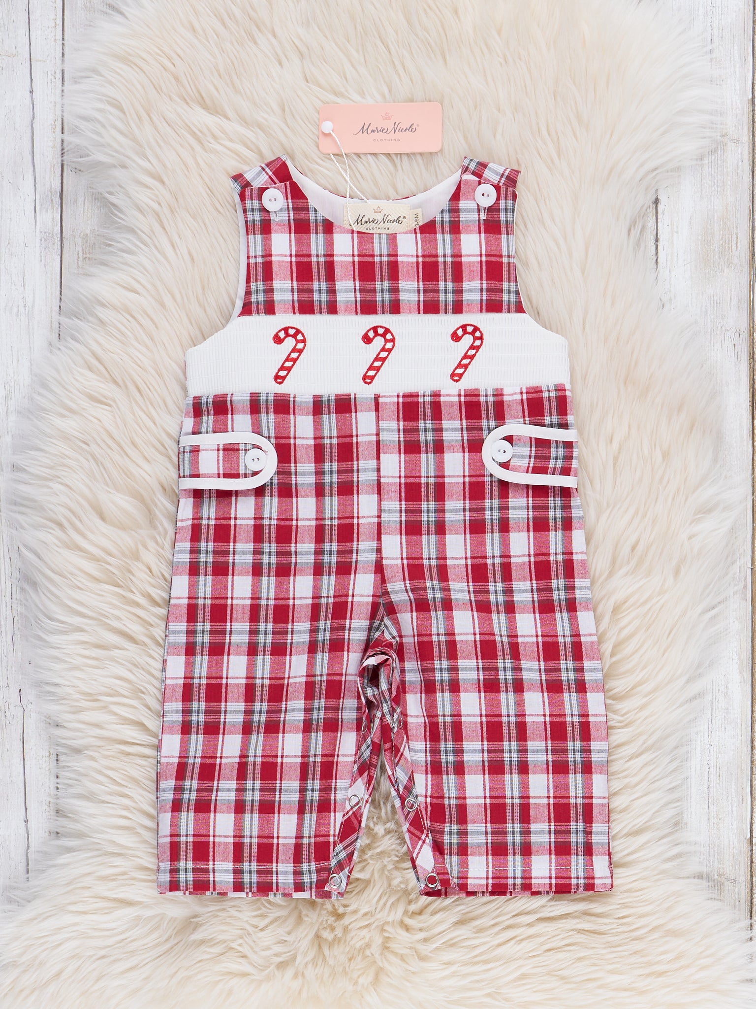 Candy Cane Plaid Smocked Johnny - Marie Nicole Clothing
