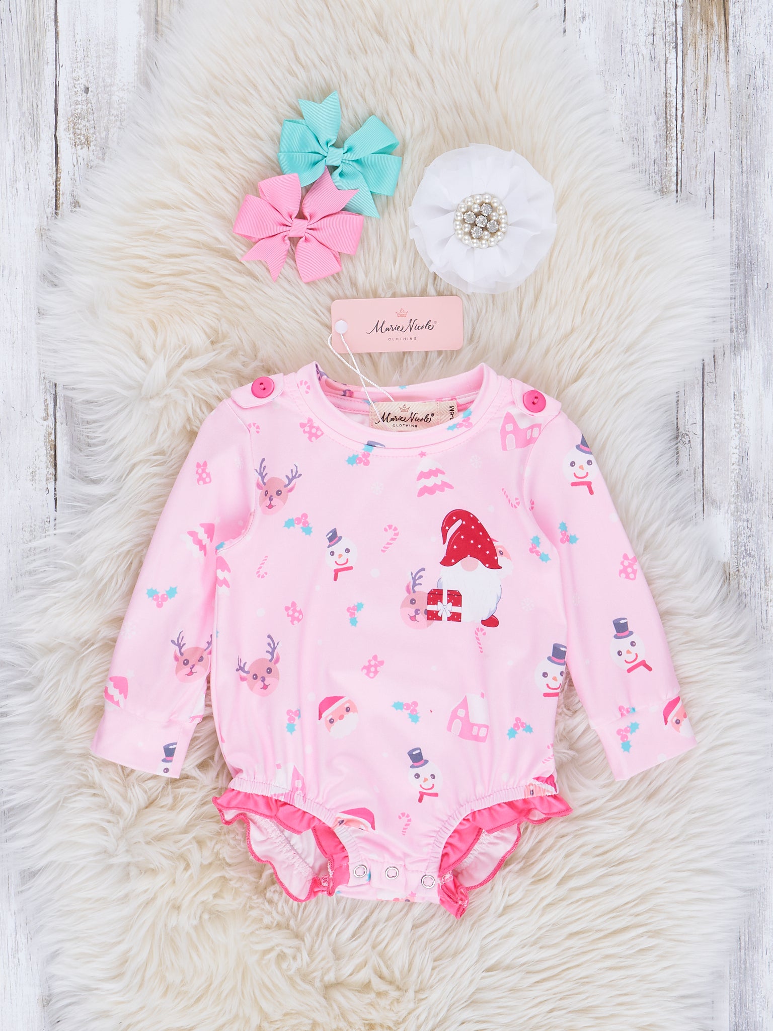 Pink Gnome & Snowman Ruffle Bubble Romper - Marie Nicole Clothing