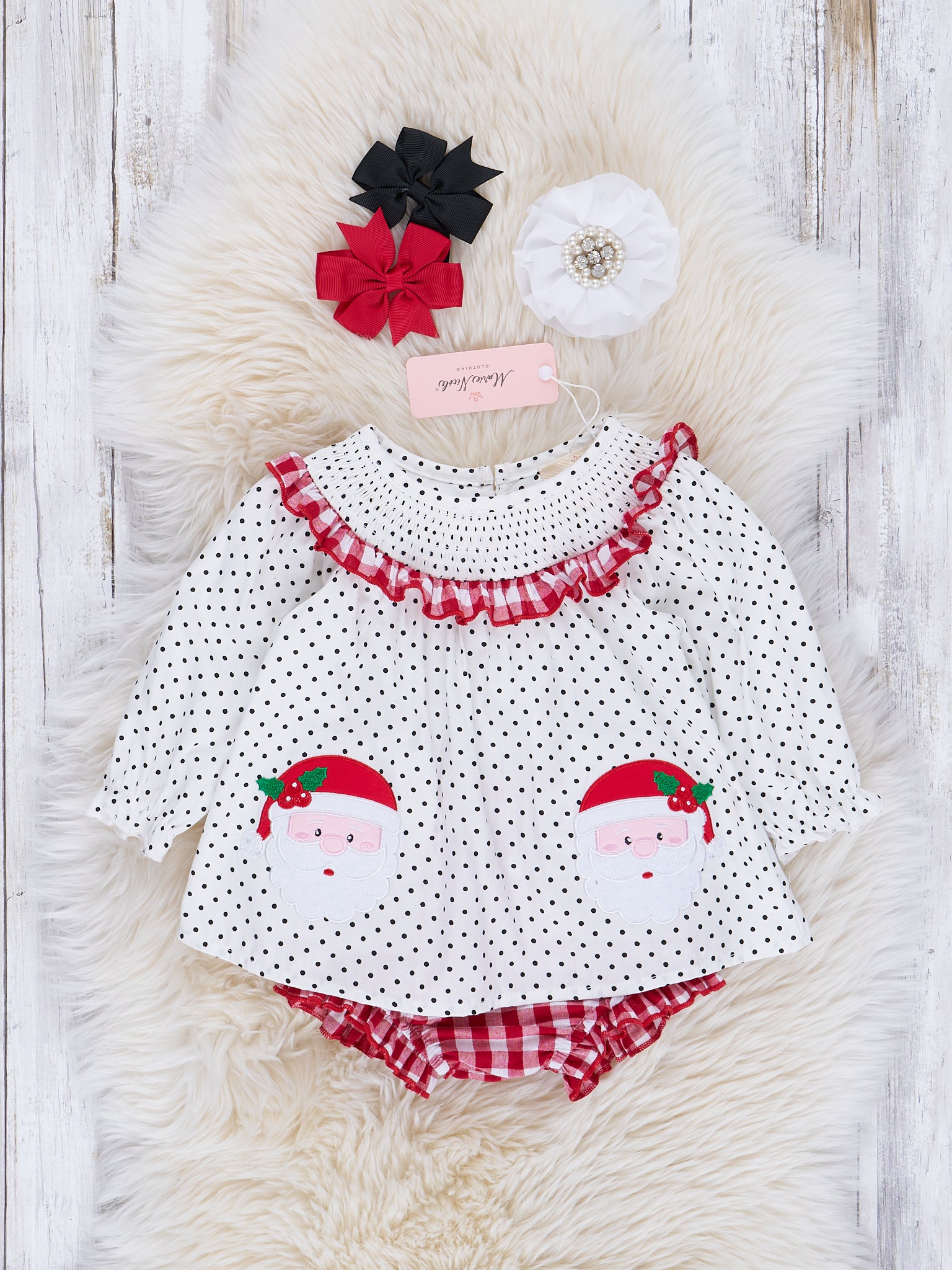 Red & White Santa Smock Neck Bubble Outfit - Marie Nicole Clothing