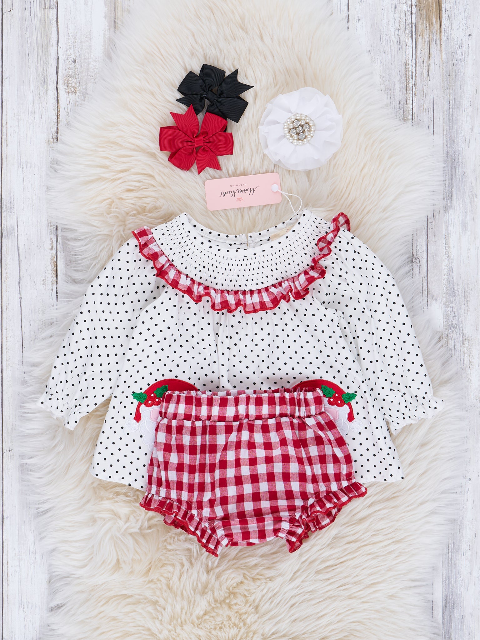 Red & White Santa Smock Neck Bubble Outfit - Marie Nicole Clothing