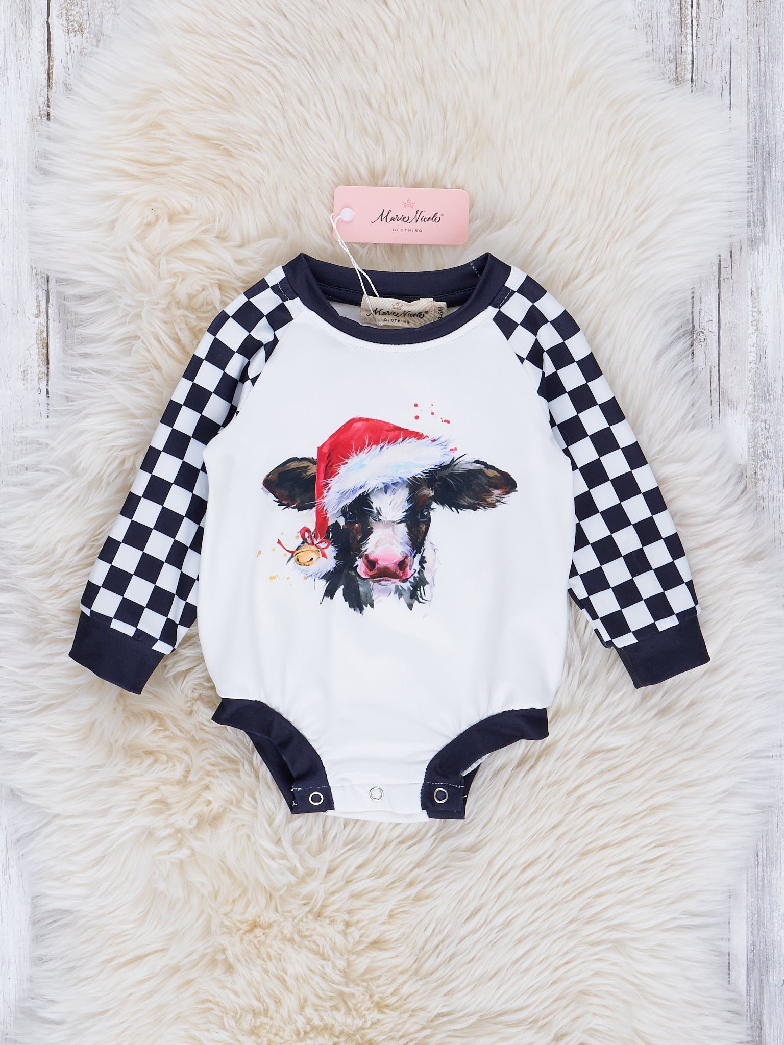 Black & White Checker Holiday Cow Romper - Marie Nicole Clothing