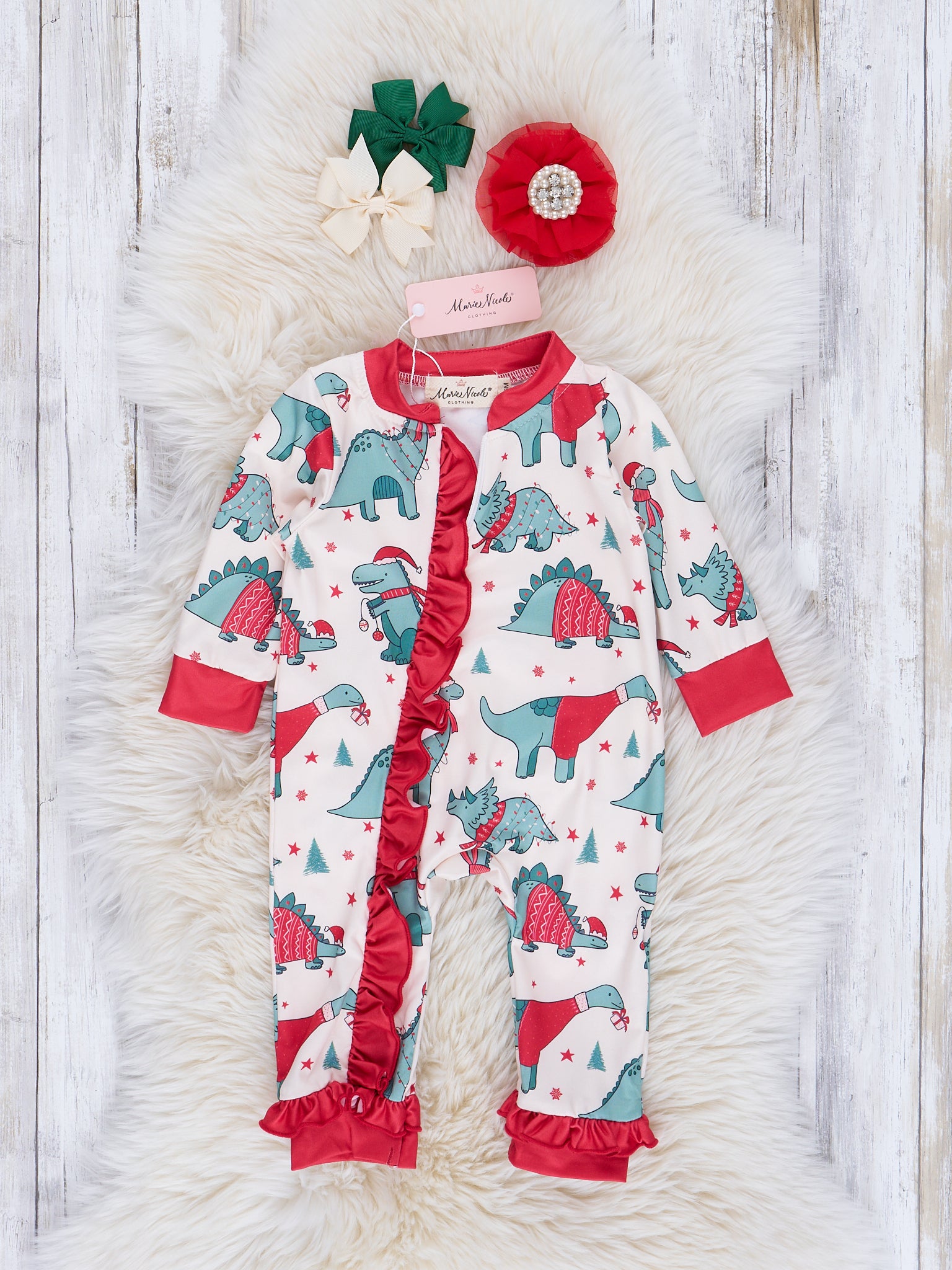 Dinosaur Dreams Christmas Ruffle Sleeper Pajamas - Marie Nicole Clothing