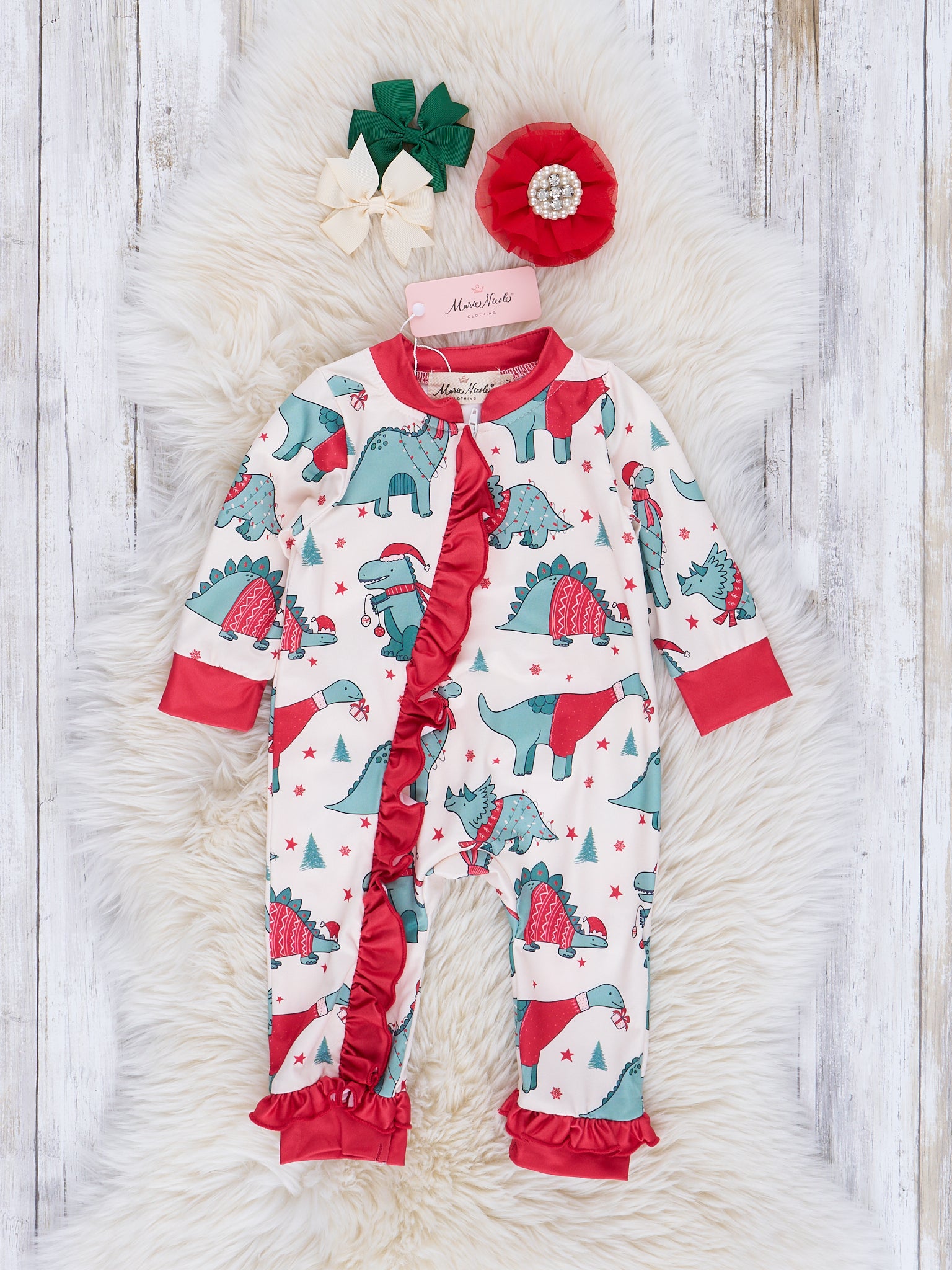 Dinosaur Dreams Christmas Ruffle Sleeper Pajamas - Marie Nicole Clothing