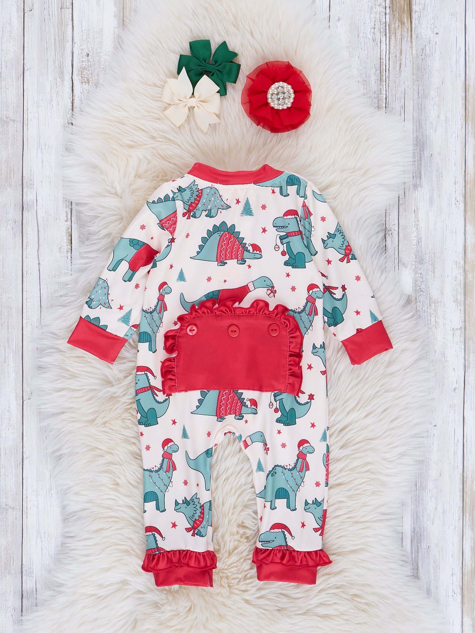 Dinosaur Dreams Christmas Ruffle Sleeper Pajamas - Marie Nicole Clothing