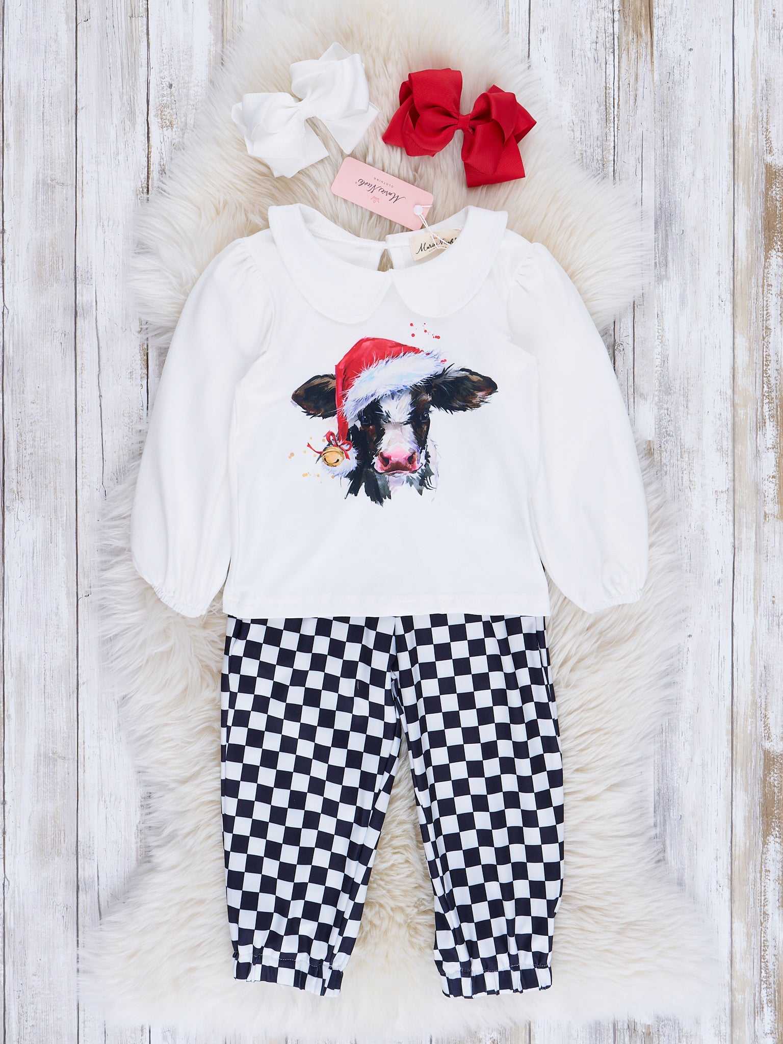 Black & White Checker Holiday Cow Outfit - Marie Nicole Clothing