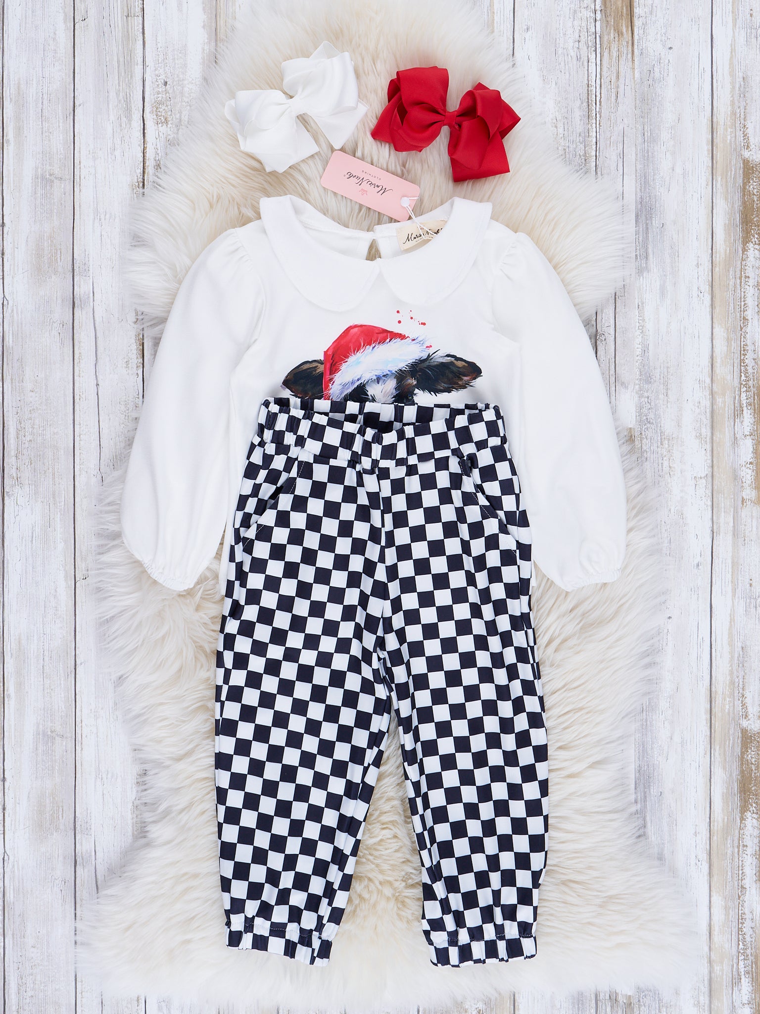 Black & White Checker Holiday Cow Outfit - Marie Nicole Clothing