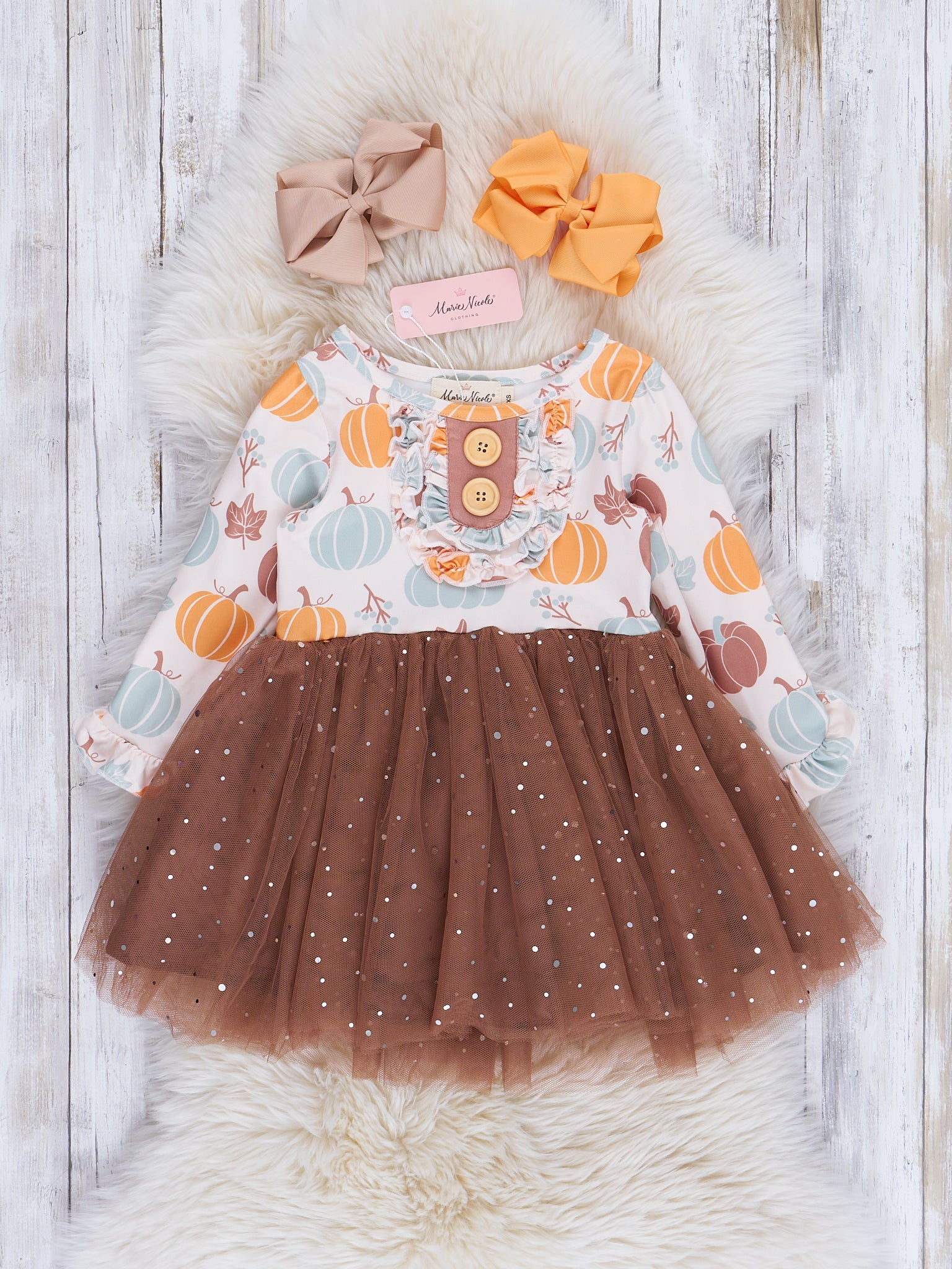 Mint & Brown Pumpkin Garden Sparkle Tulle Dress - Marie Nicole Clothing