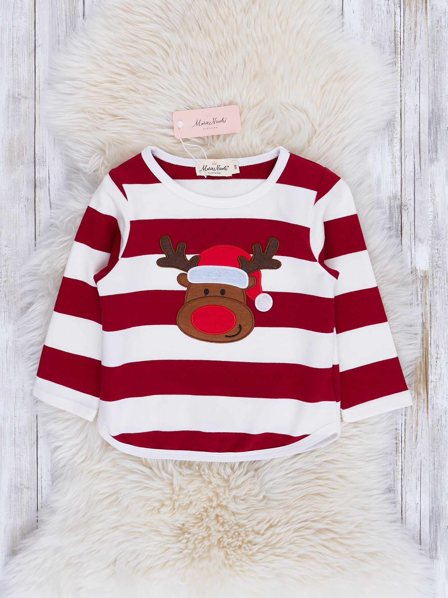 Holiday Stripes Embroidered Reindeer Shirt - Marie Nicole Clothing