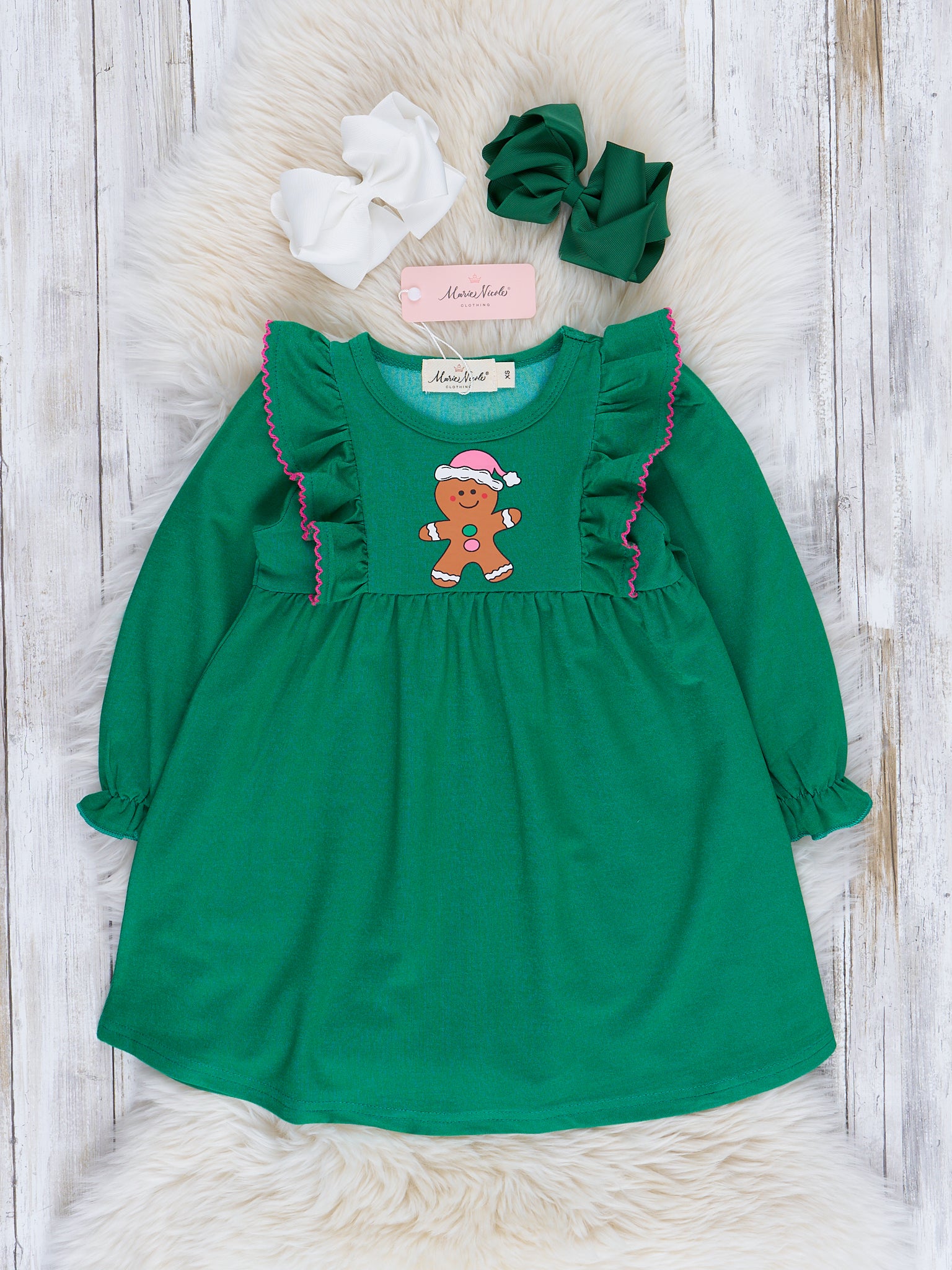 Emerald Gingerbread Ruffle Dress - Marie Nicole Clothing