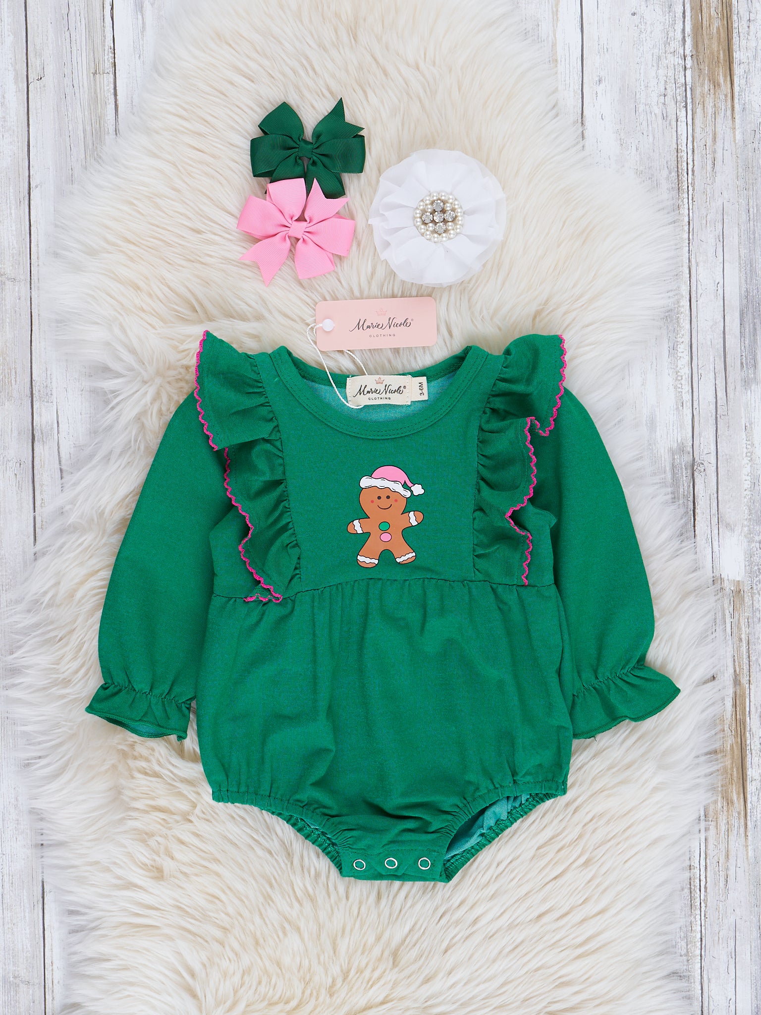Emerald Gingerbread Ruffle Romper - Marie Nicole Clothing