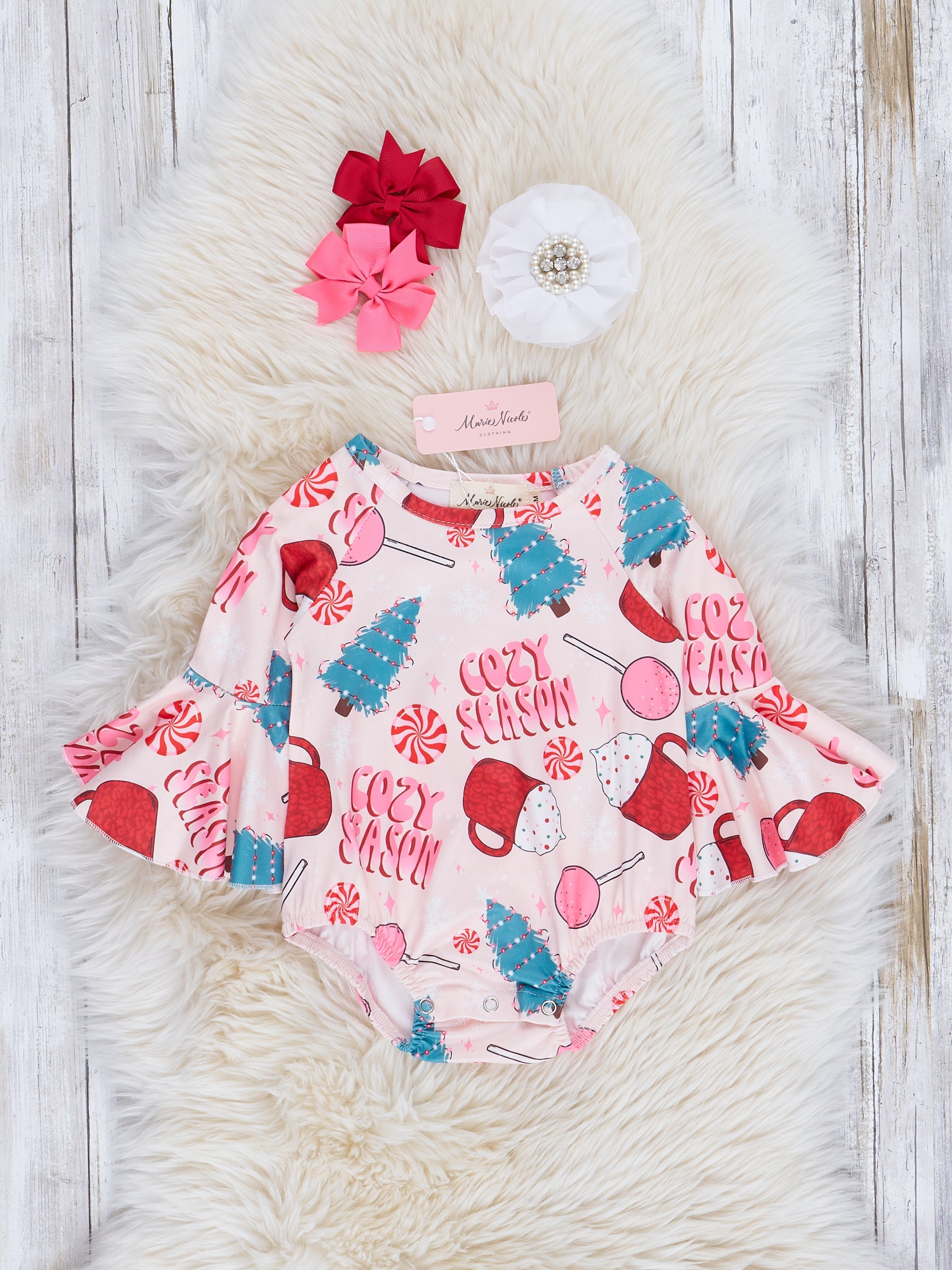 Cream "Cozy Season" Bell Sleeve Bubble Romper - Marie Nicole Clothing