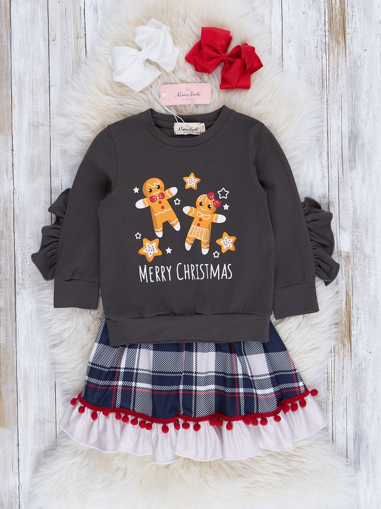 Christmas Gingerbread Plaid Ruffle Outfit w/ Skirt - Marie Nicole Clothing