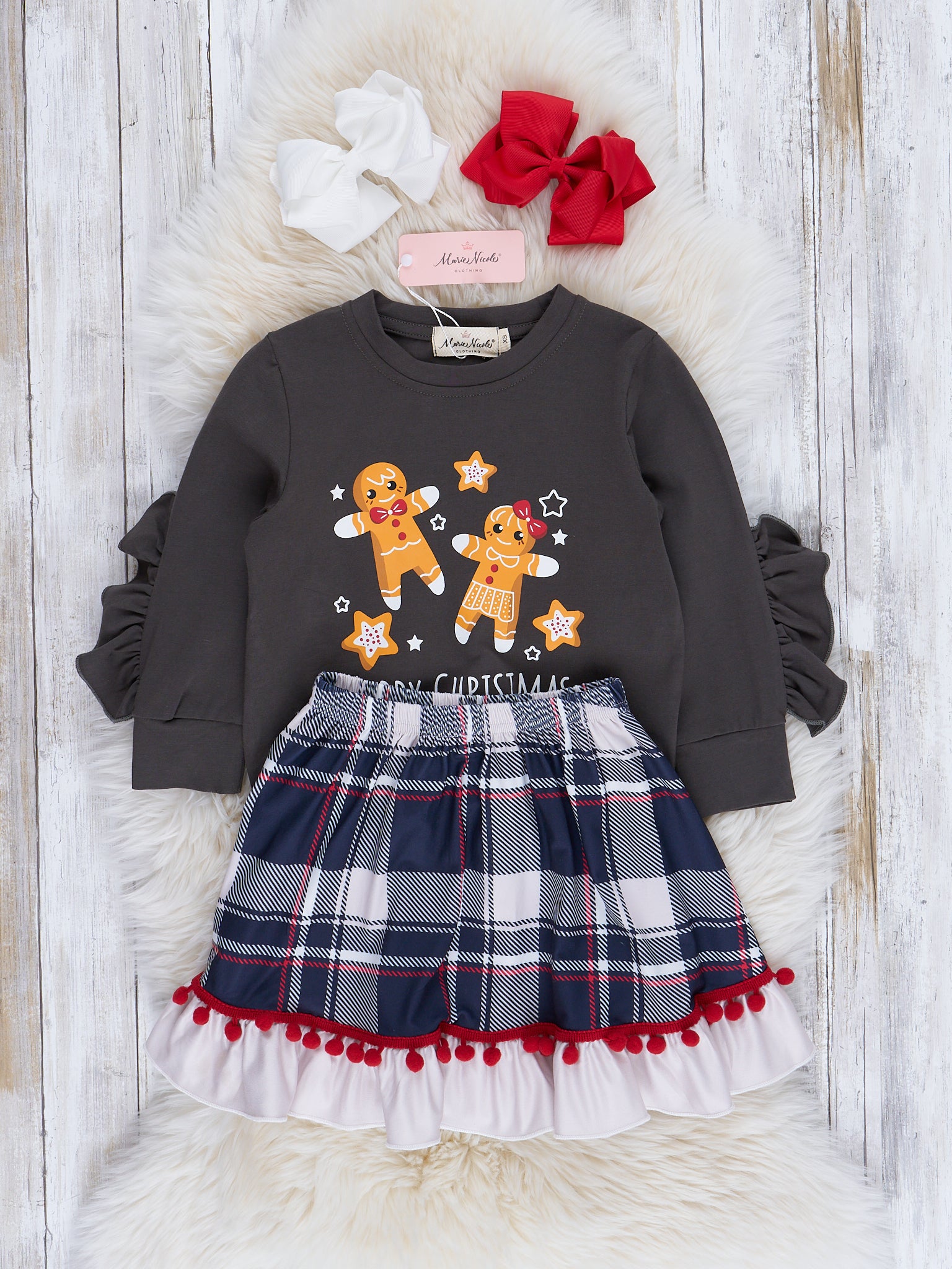 Christmas Gingerbread Plaid Ruffle Outfit w/ Skirt - Marie Nicole Clothing
