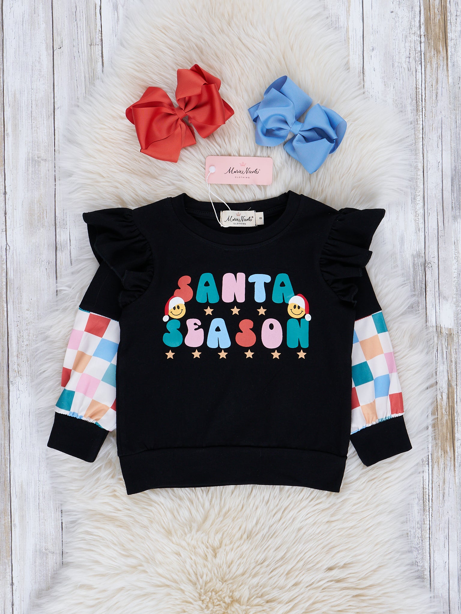 Rainbow Squares "Santa Season" Ruffle Shirt - Marie Nicole Clothing