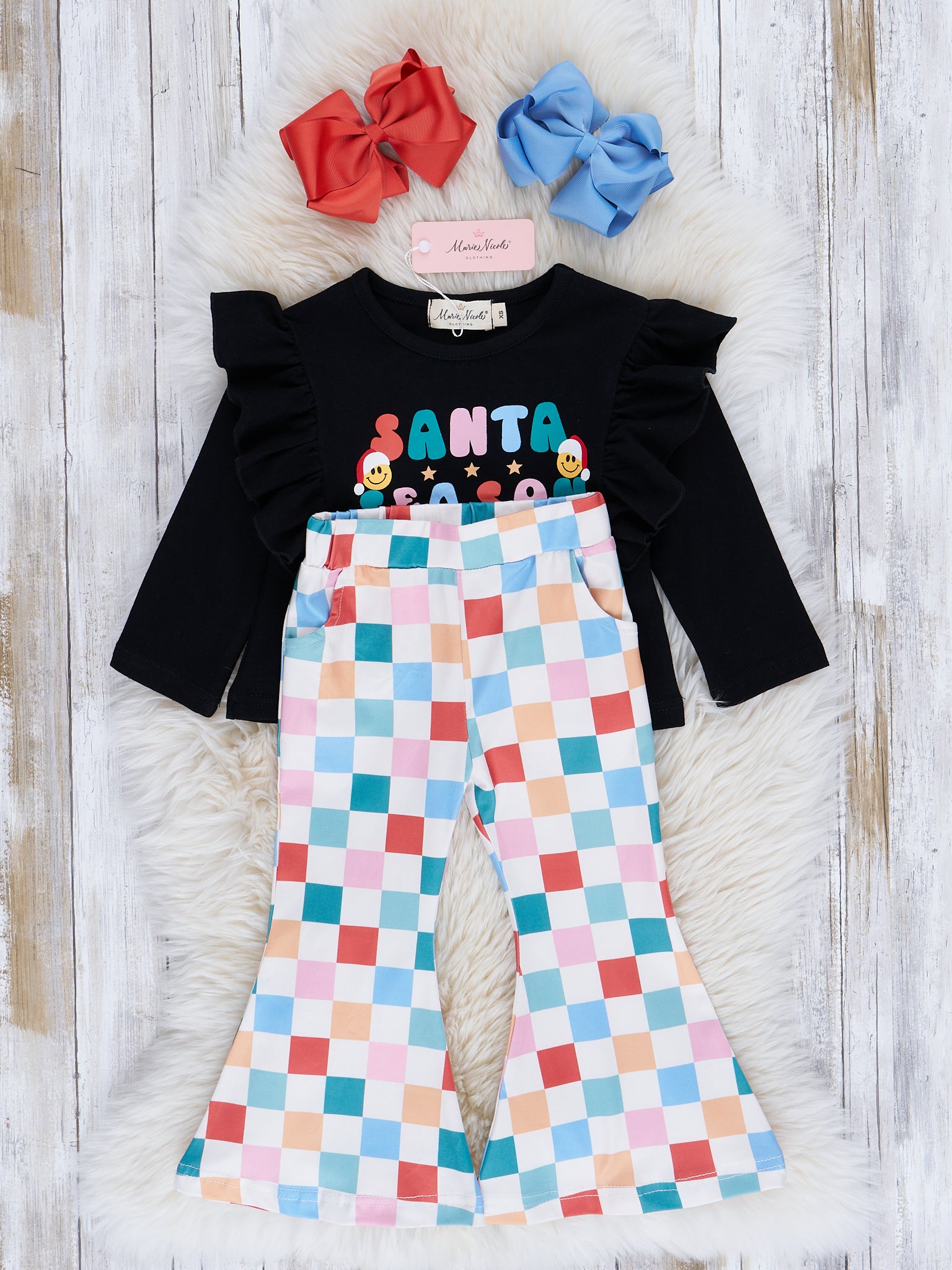 Rainbow Squares "Santa Season" Bell Bottom Outfit - Marie Nicole Clothing