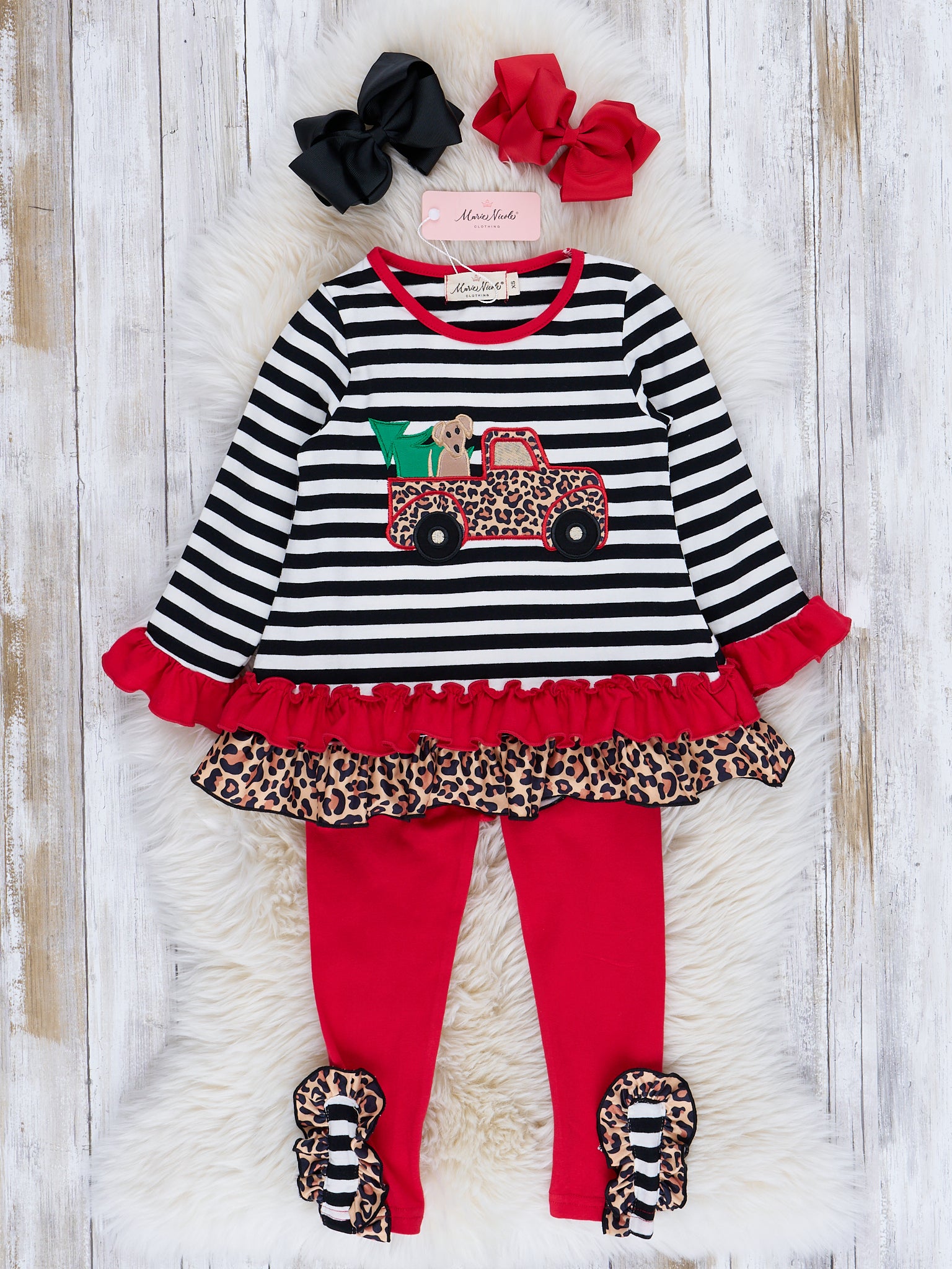 Leopard & Stripes Holiday Truck Ruffle Outfit - Marie Nicole Clothing