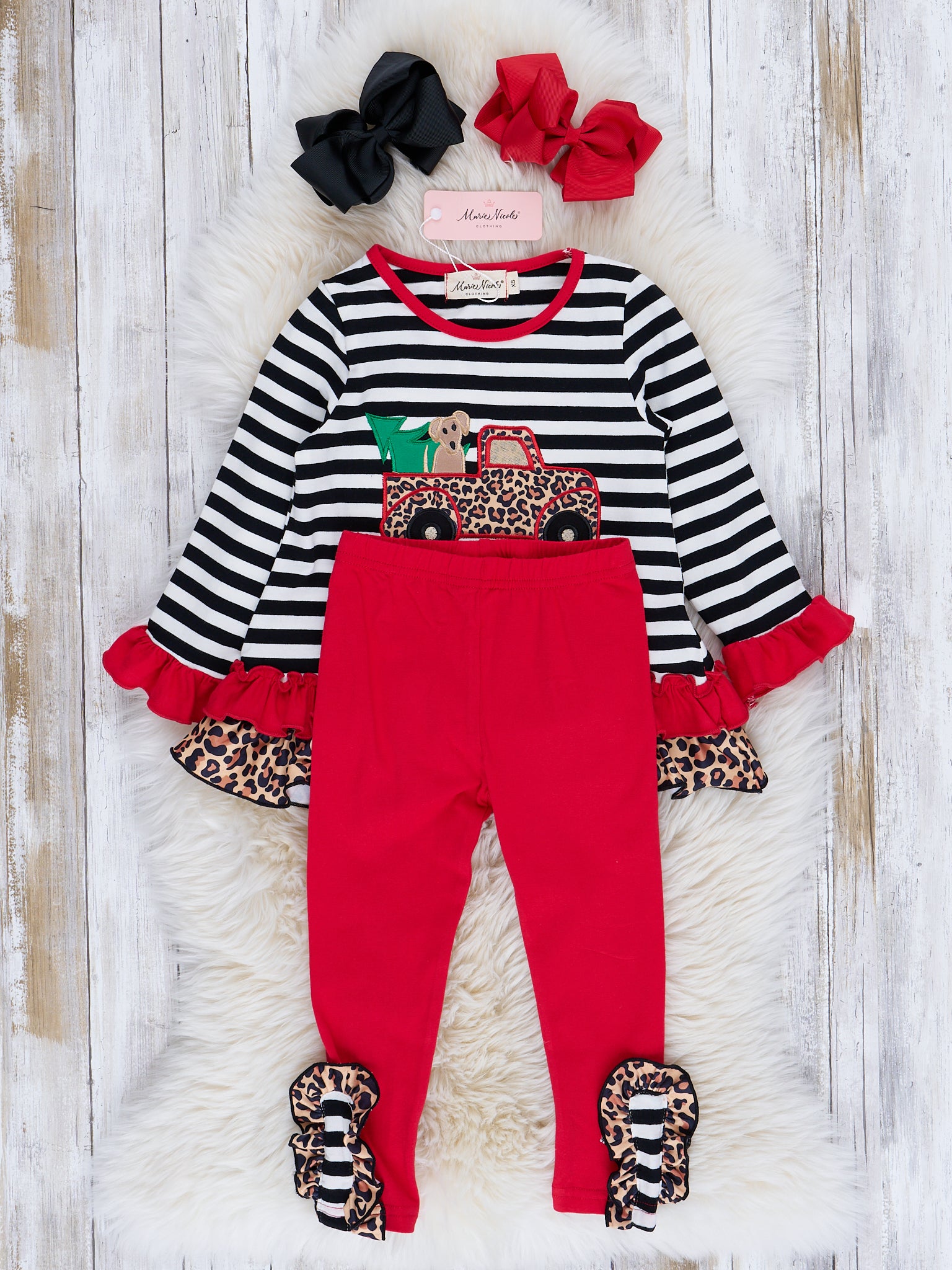 Leopard & Stripes Holiday Truck Ruffle Outfit - Marie Nicole Clothing
