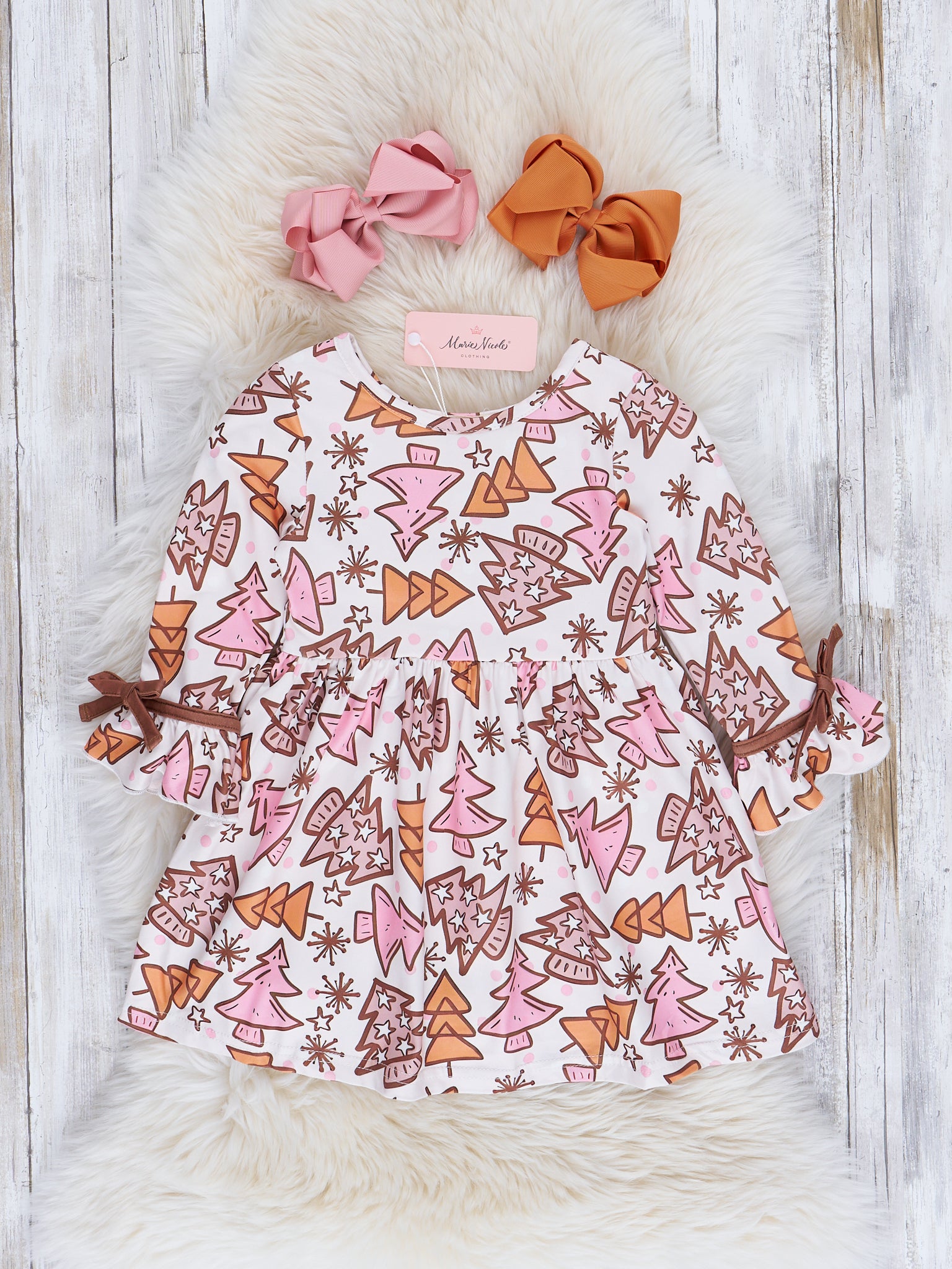 Pink & Brown Christmas Tree Doodles Swing Dress - Marie Nicole Clothing