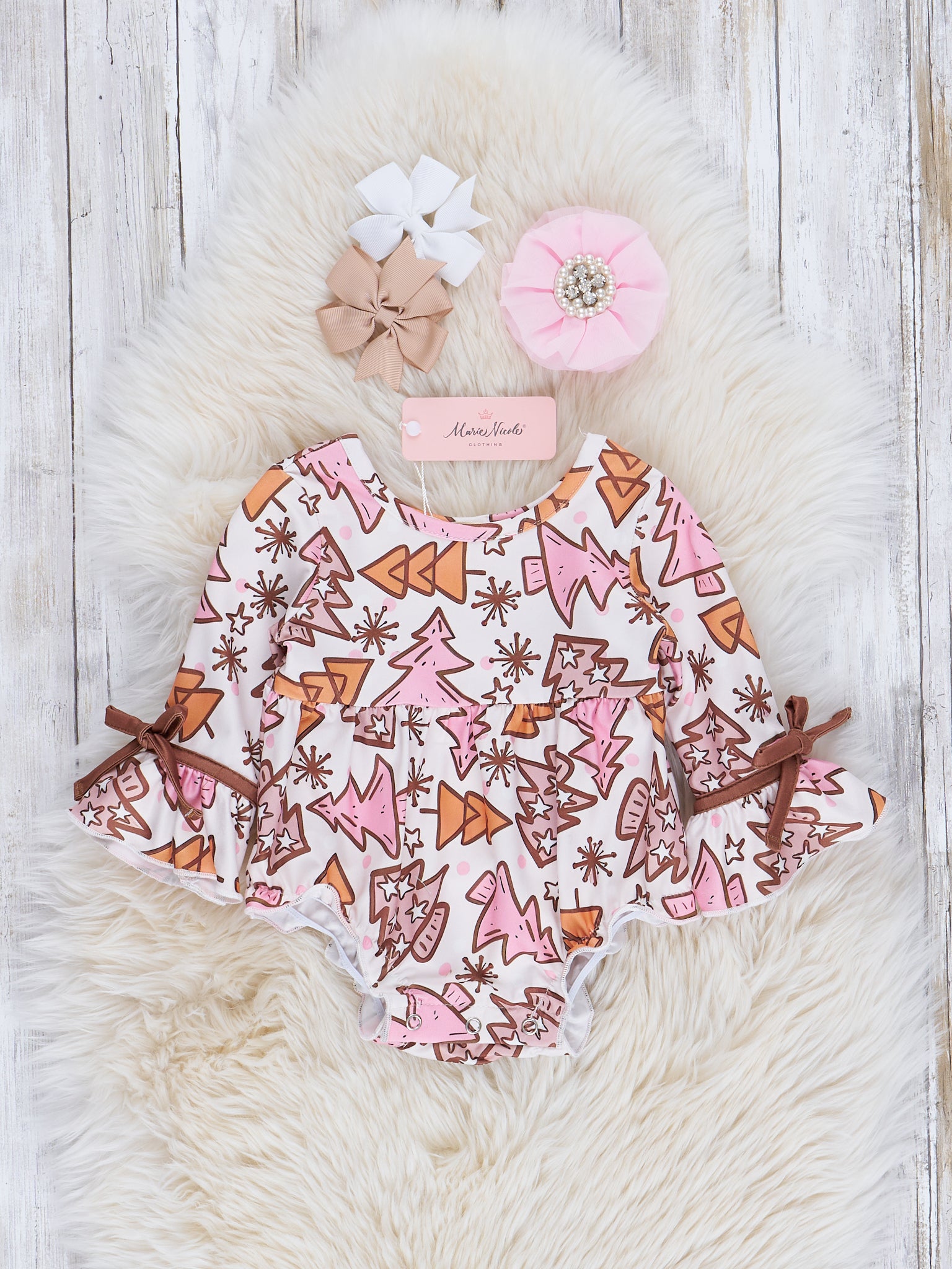 Pink & Brown Christmas Tree Doodles Bubble Romper - Marie Nicole Clothing