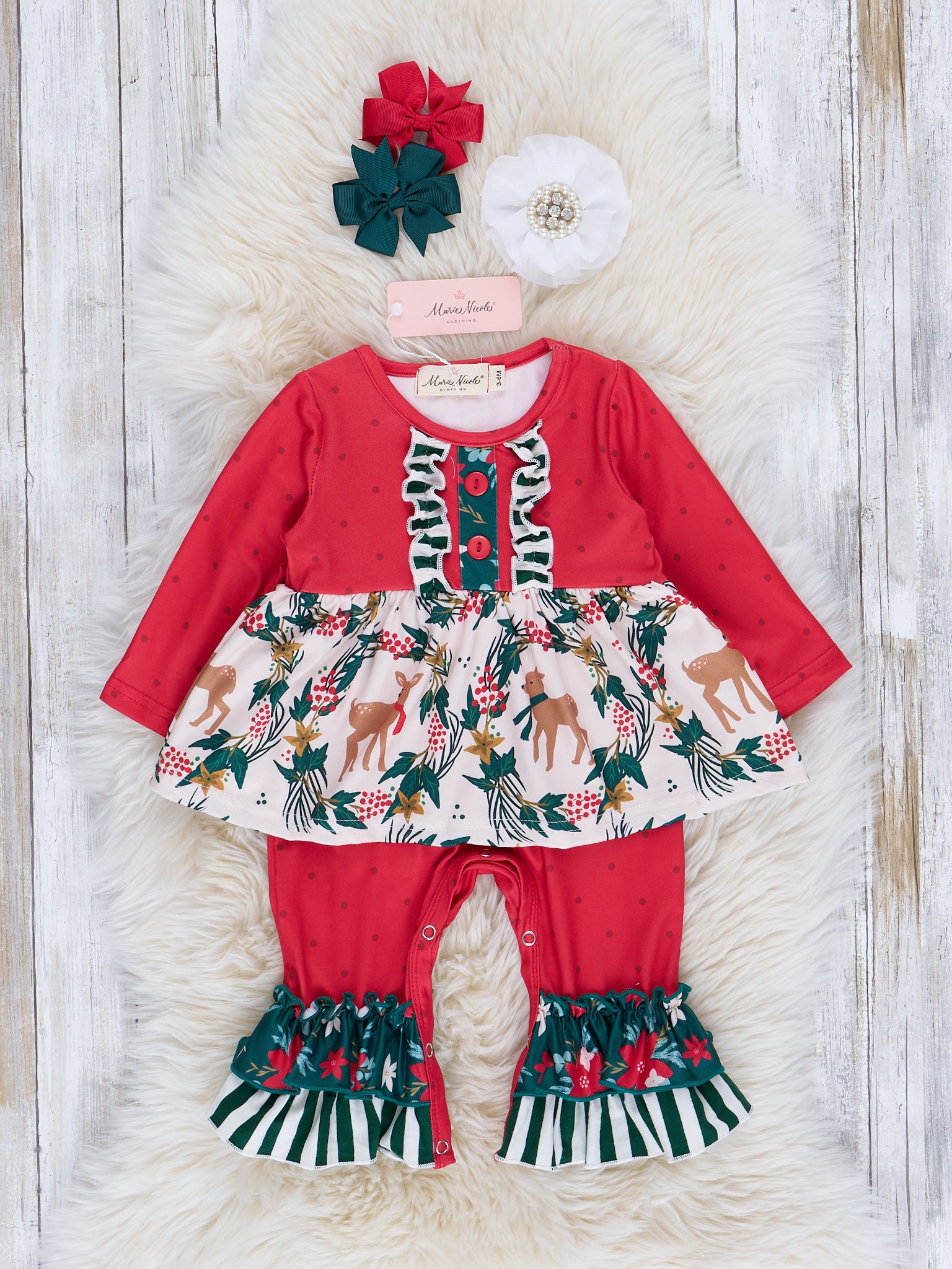 Red Reindeer & Stripes Ruffle Romper - Marie Nicole Clothing