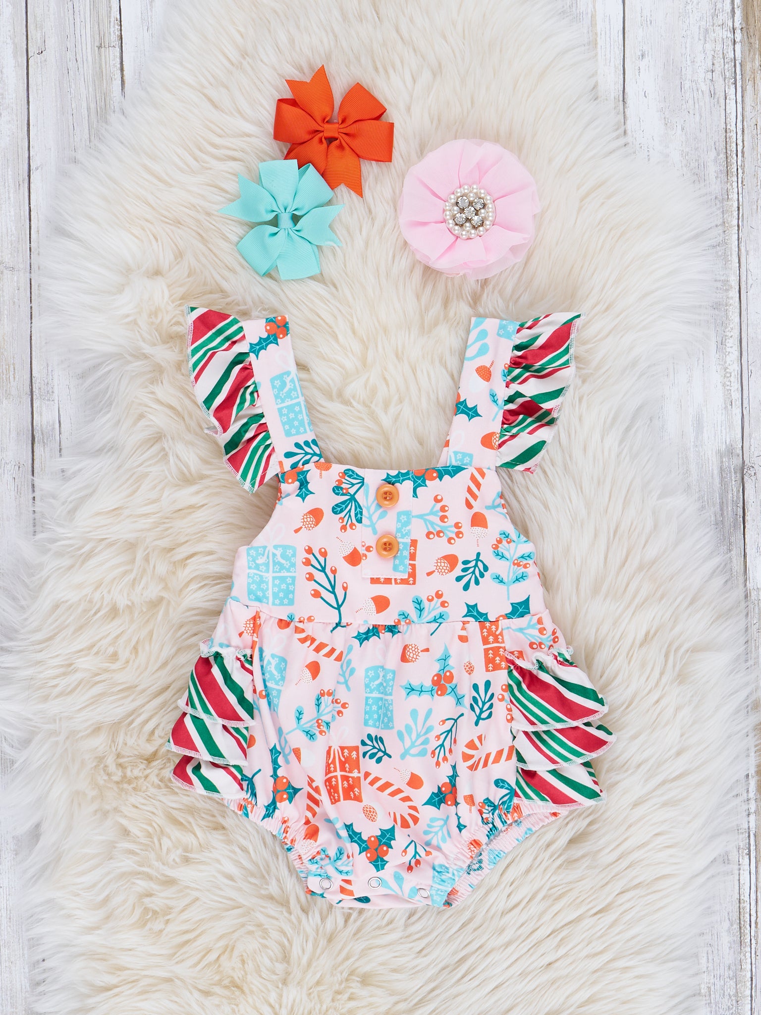 Pink & Candy Stripe Holiday Ruffle Bubble Romper - Marie Nicole Clothing