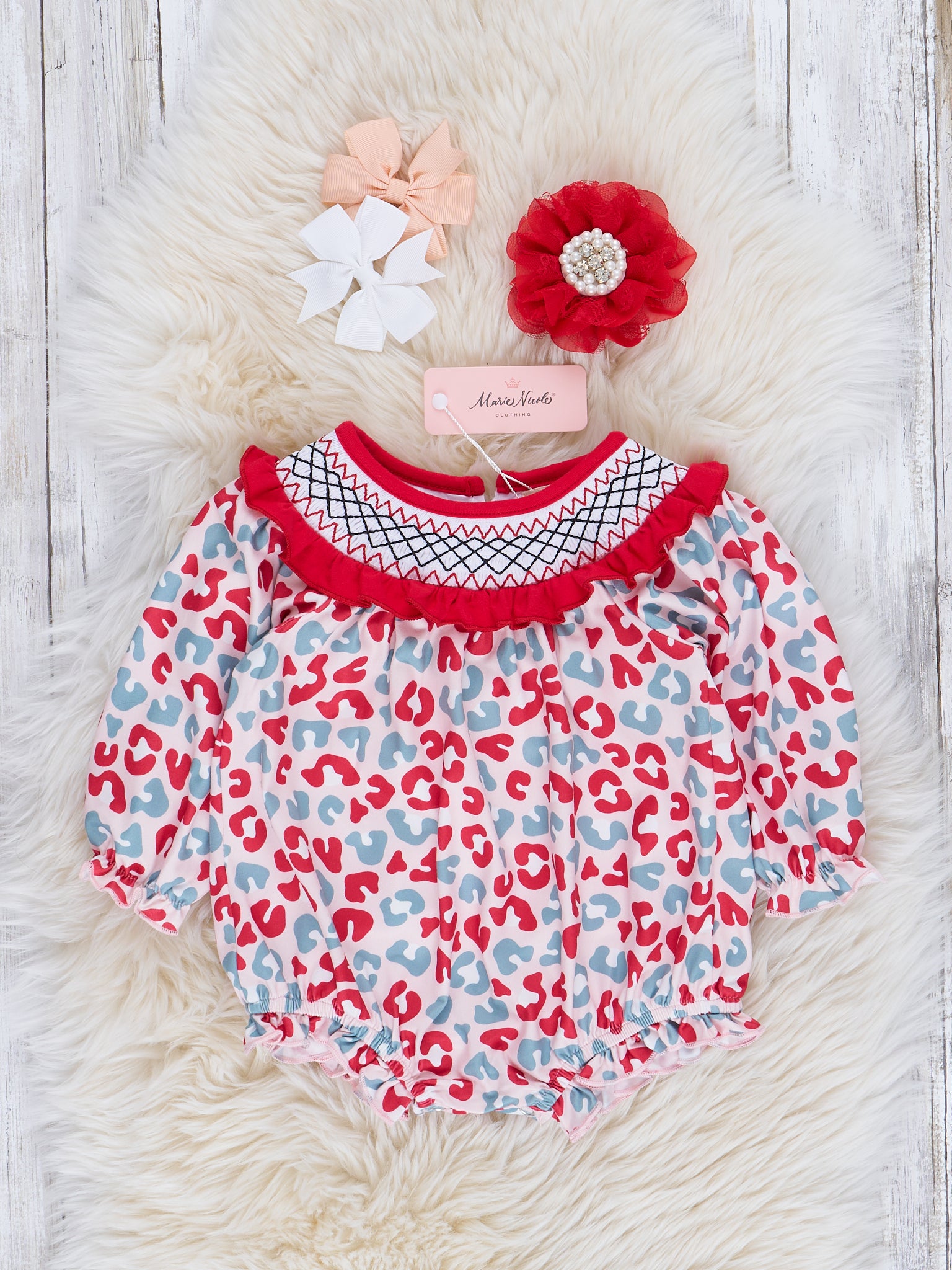 Merry Leopard Smocked Ruffle Bubble Romper - Marie Nicole Clothing