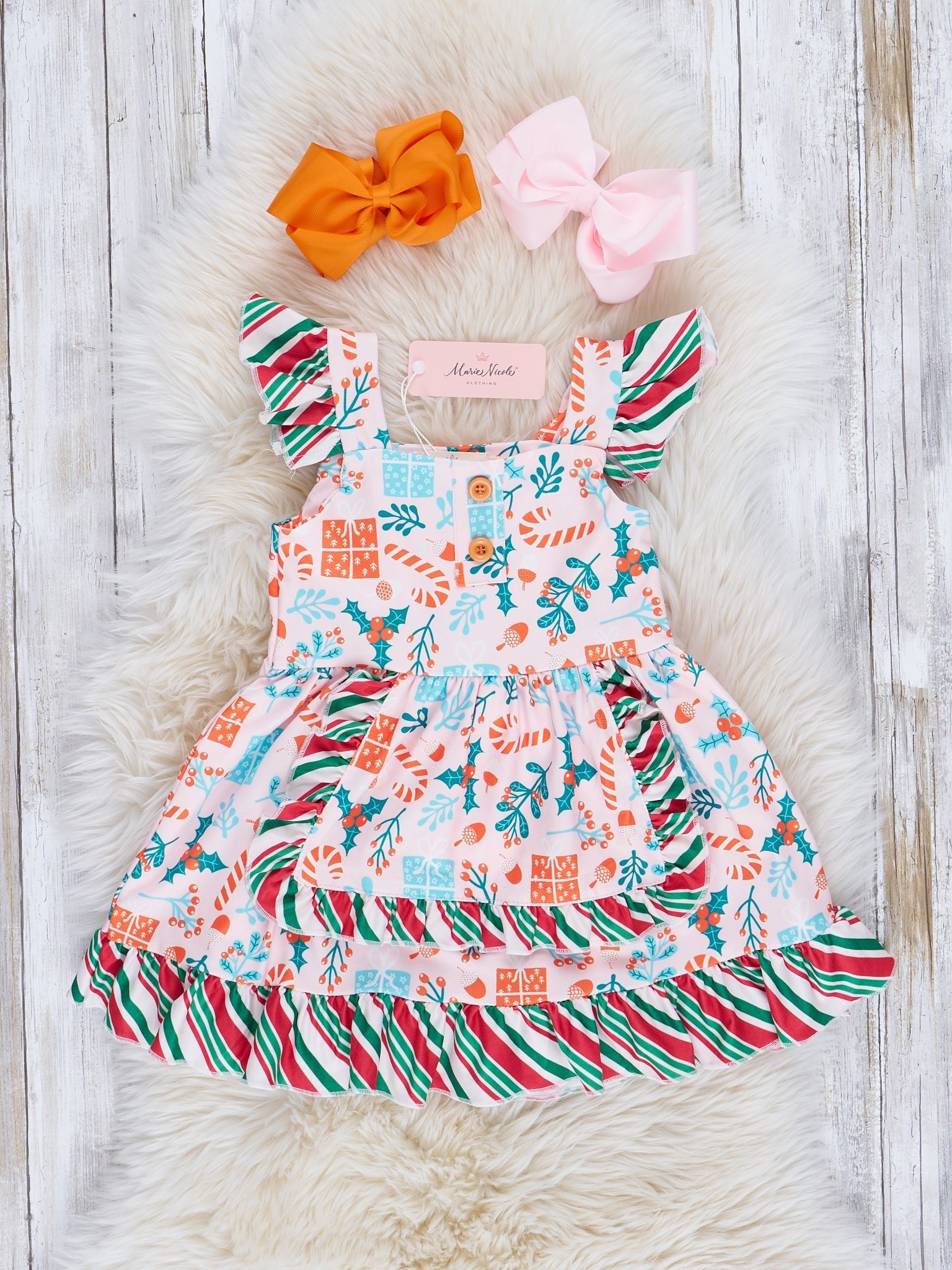 Pink & Candy Stripe Holiday Ruffle Dress - Marie Nicole Clothing