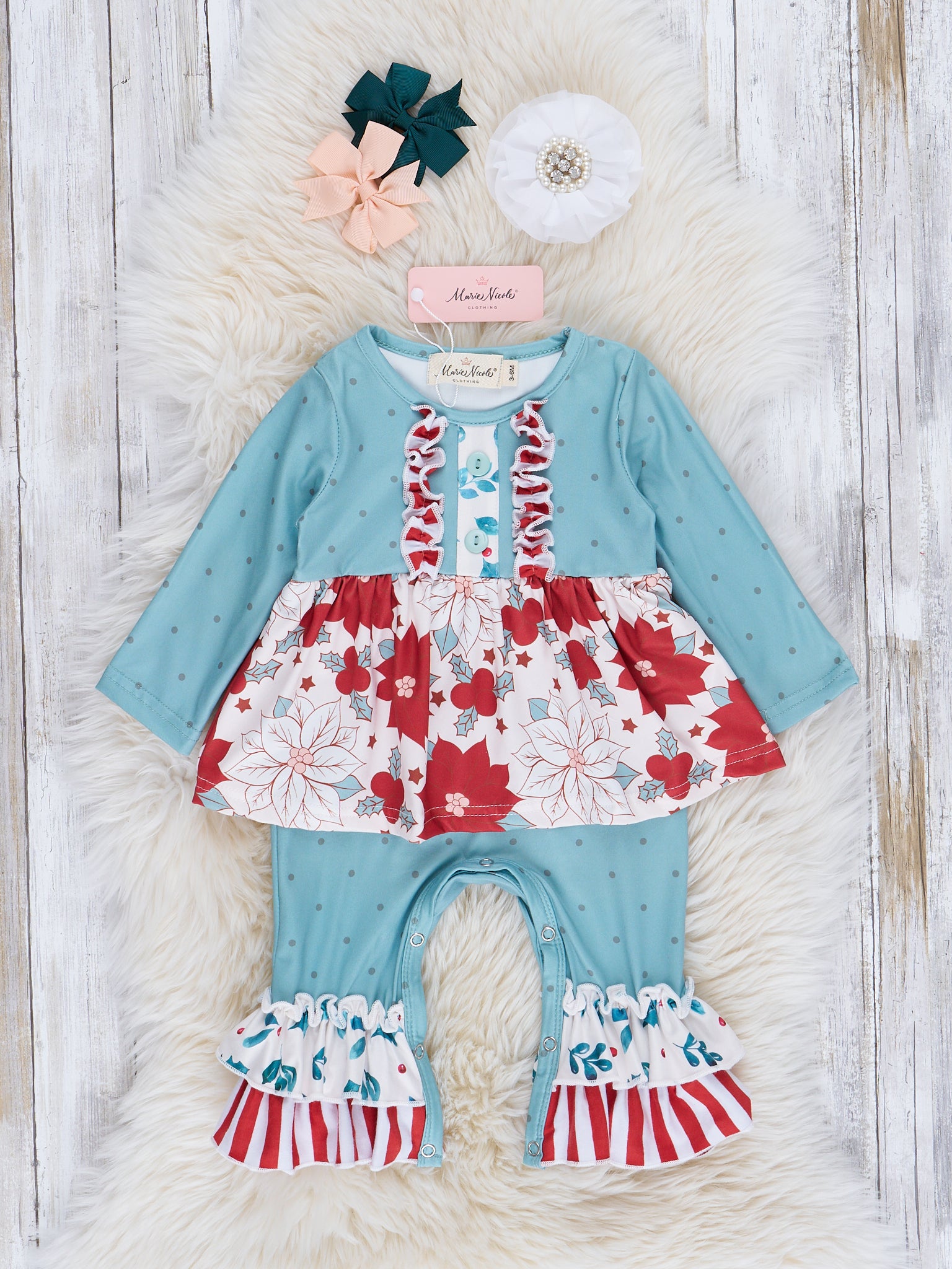 Peppermint Poinsettias Ruffle Romper - Marie Nicole Clothing