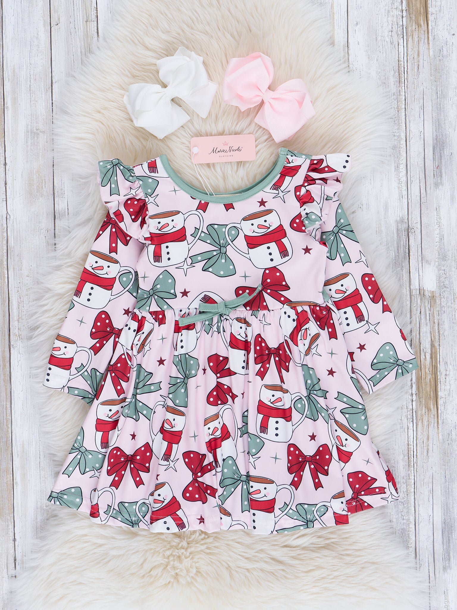 Blush Hot Cocoa & Bows Ruffle Dress - Marie Nicole Clothing