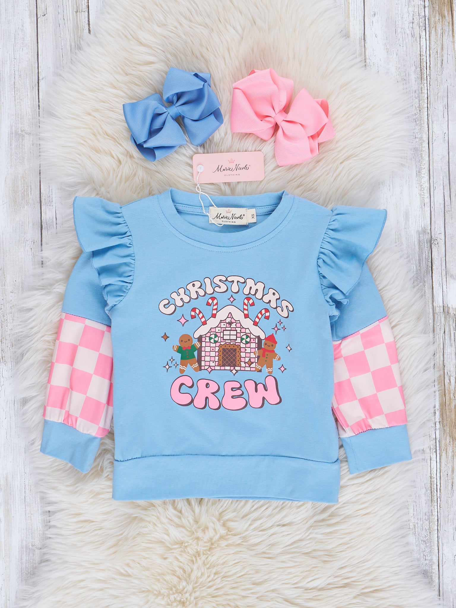 Blue & Pink Checkers "Christmas Crew" Ruffle Shirt - Marie Nicole Clothing