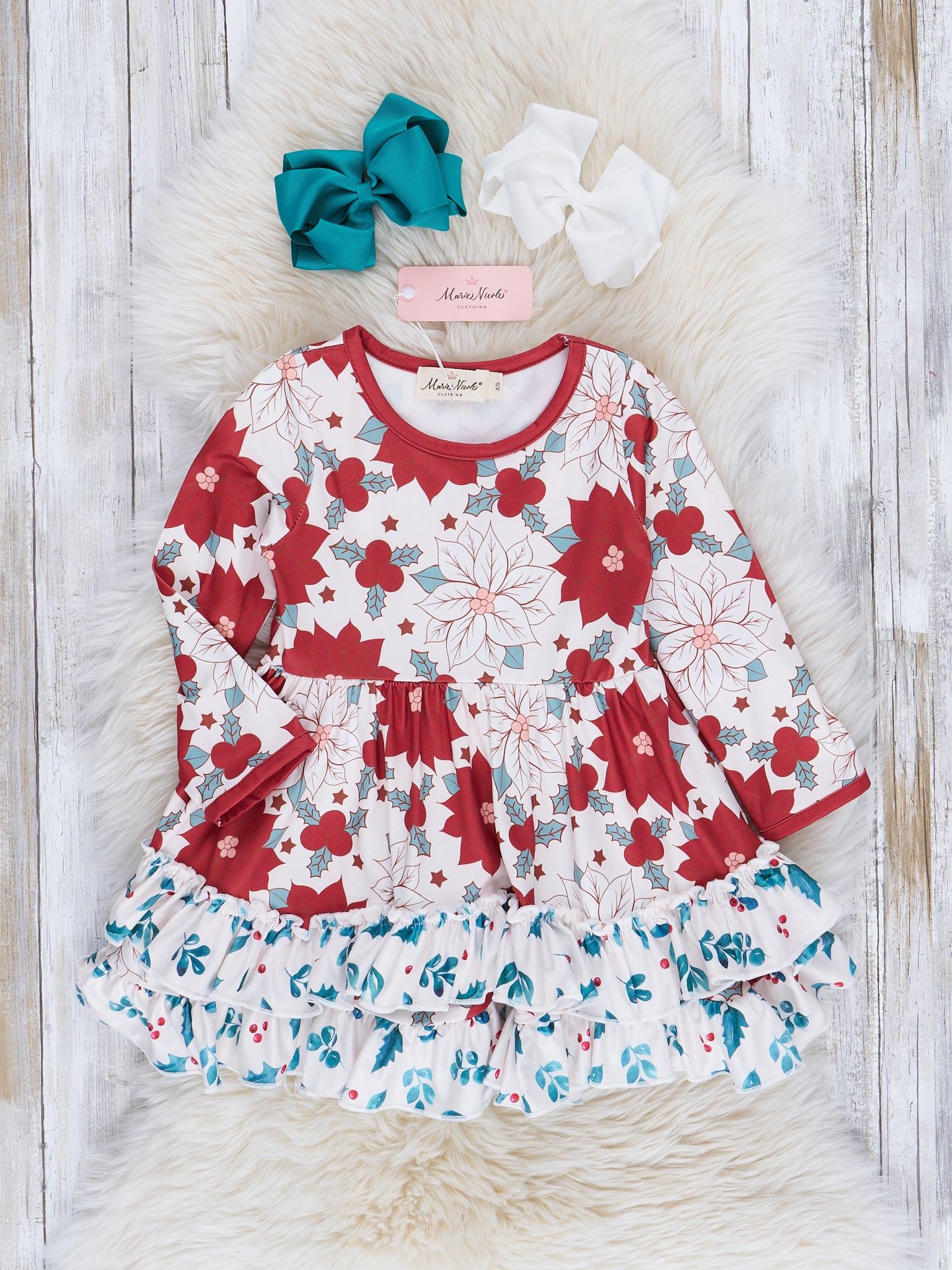 Peppermint Poinsettias Tiered Ruffle Dress - Marie Nicole Clothing
