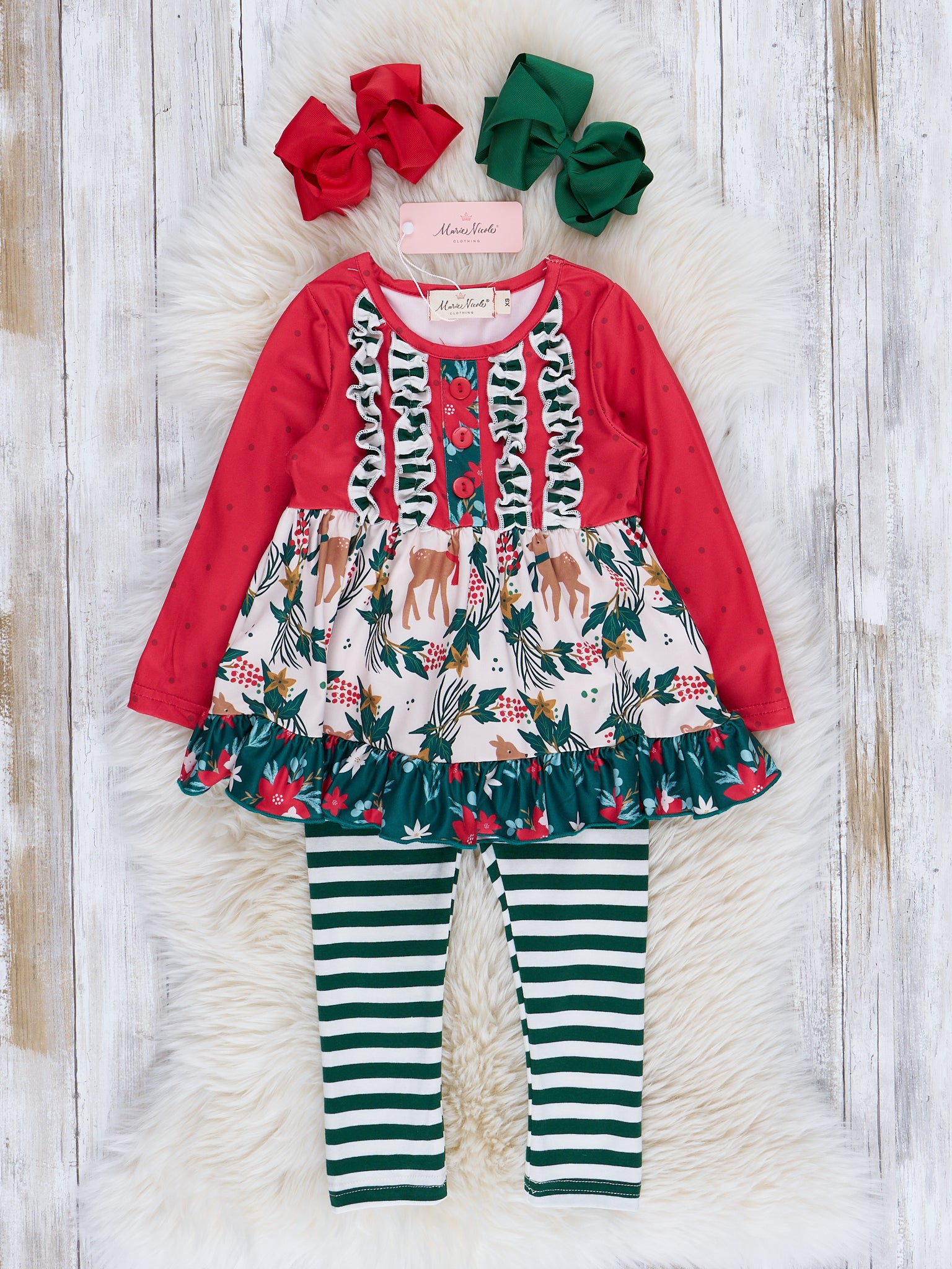 Red Reindeer & Stripes Ruffle Outfit - Marie Nicole Clothing