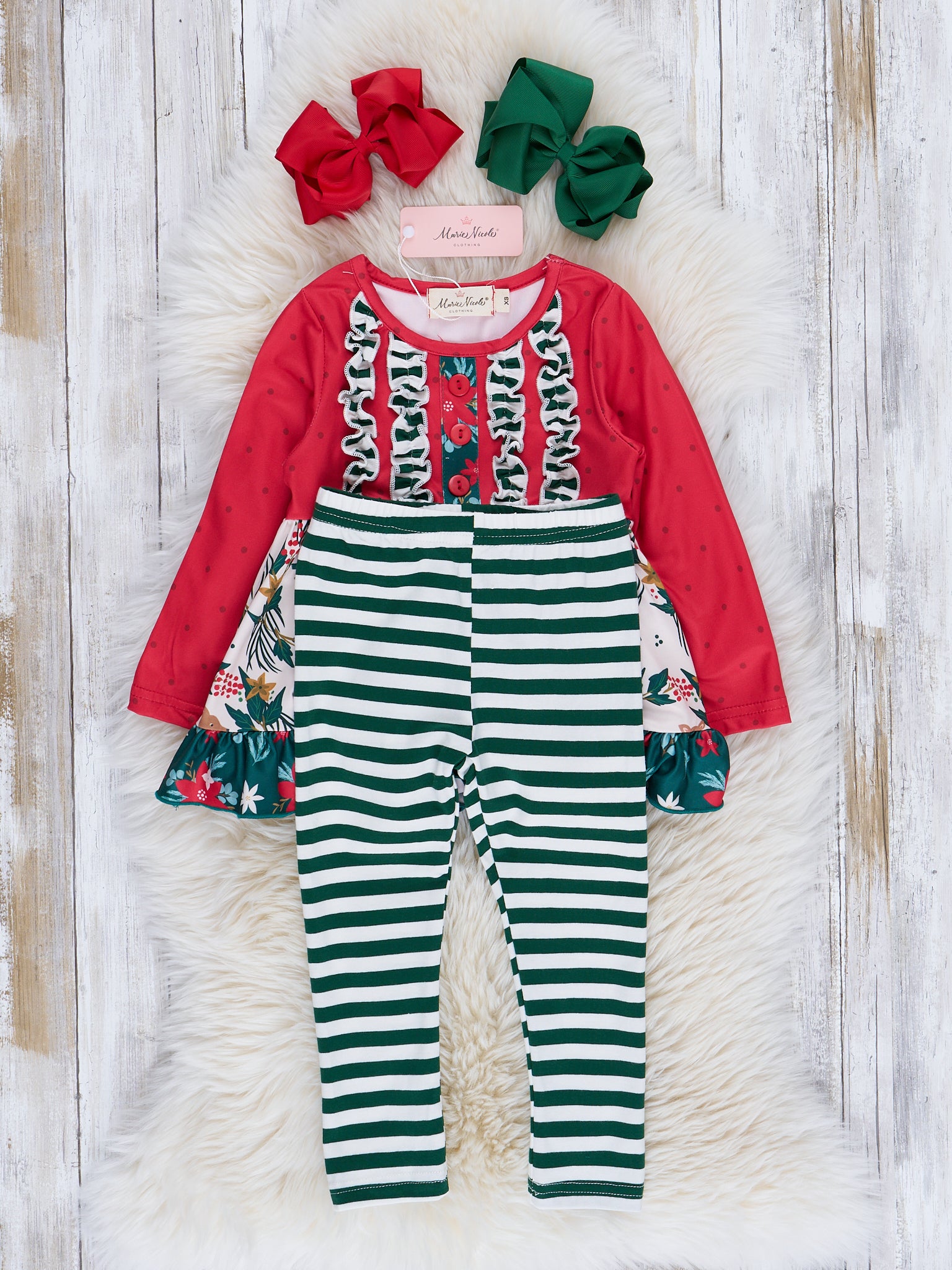 Red Reindeer & Stripes Ruffle Outfit - Marie Nicole Clothing