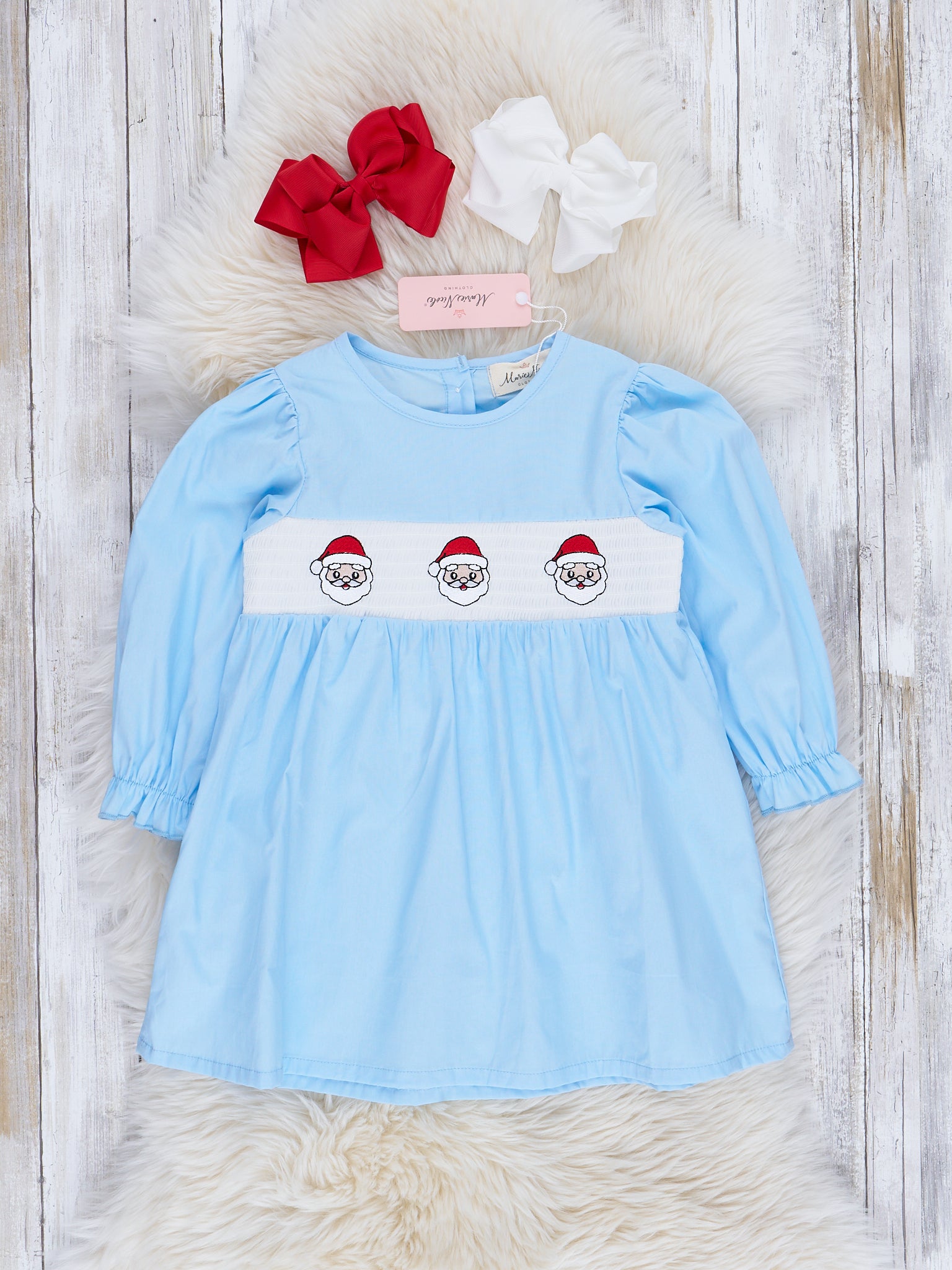 Light Blue Smocked Santa Dress - Marie Nicole Clothing
