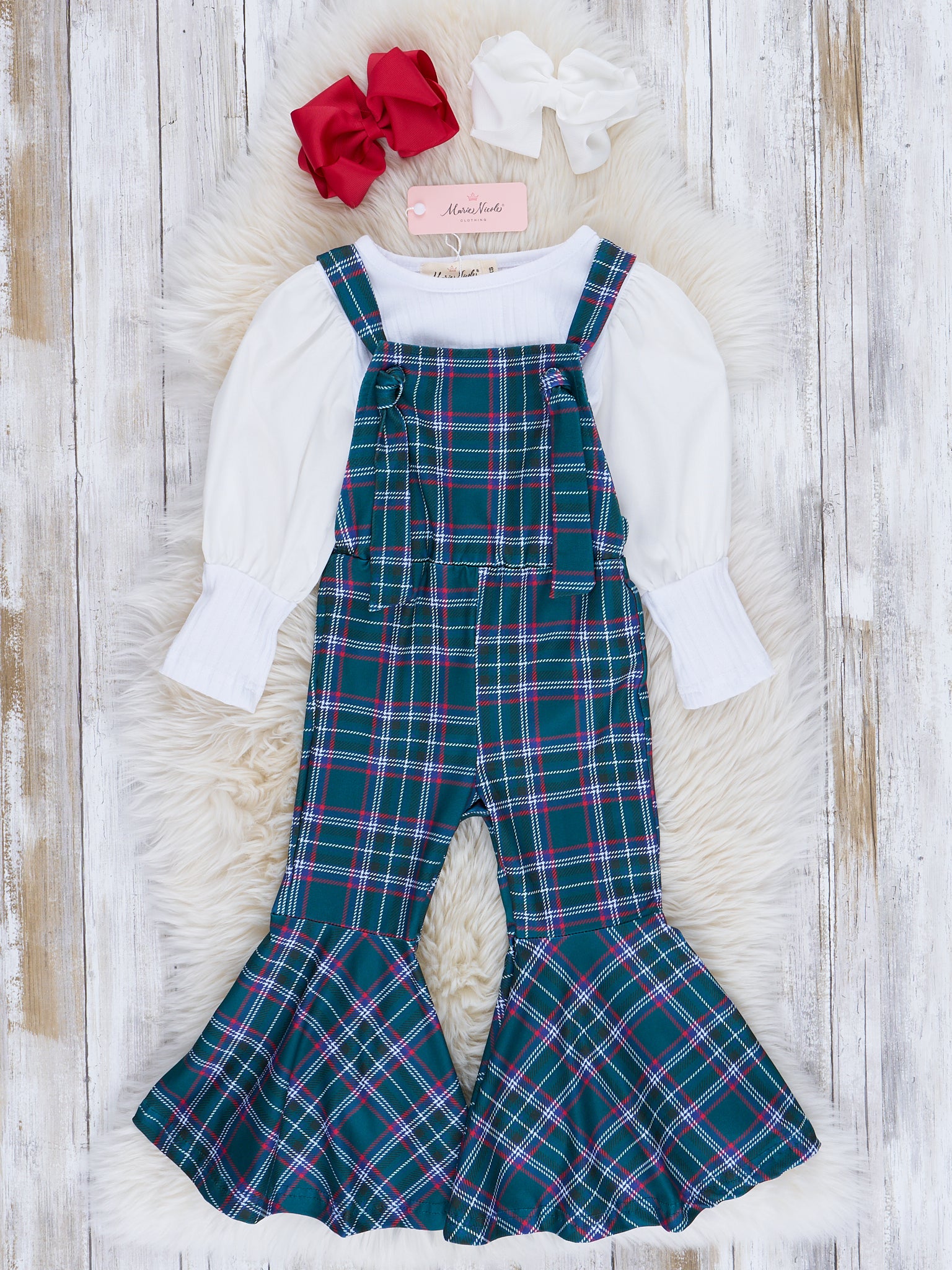 Ribbed Puff Sleeves Bell Bottom Overalls Set - Marie Nicole Clothing
