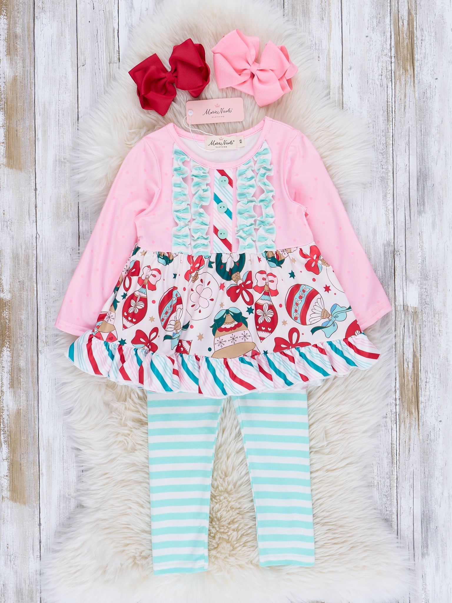 Pink & Mint Holiday Ornaments Ruffle Outfit - Marie Nicole Clothing