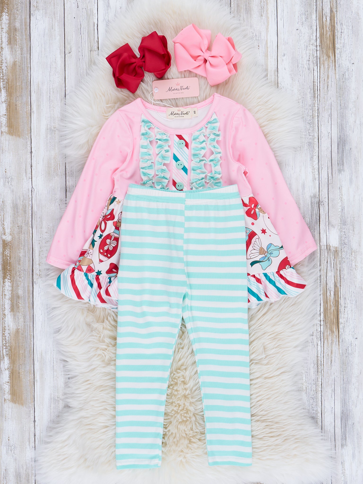 Pink & Mint Holiday Ornaments Ruffle Outfit - Marie Nicole Clothing