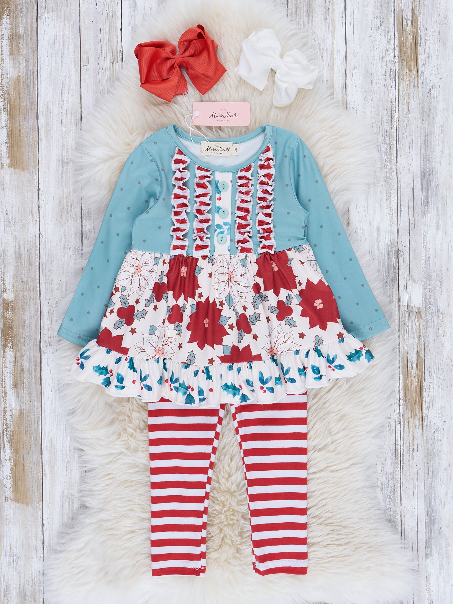 Peppermint Poinsettias Ruffle Outfit - Marie Nicole Clothing