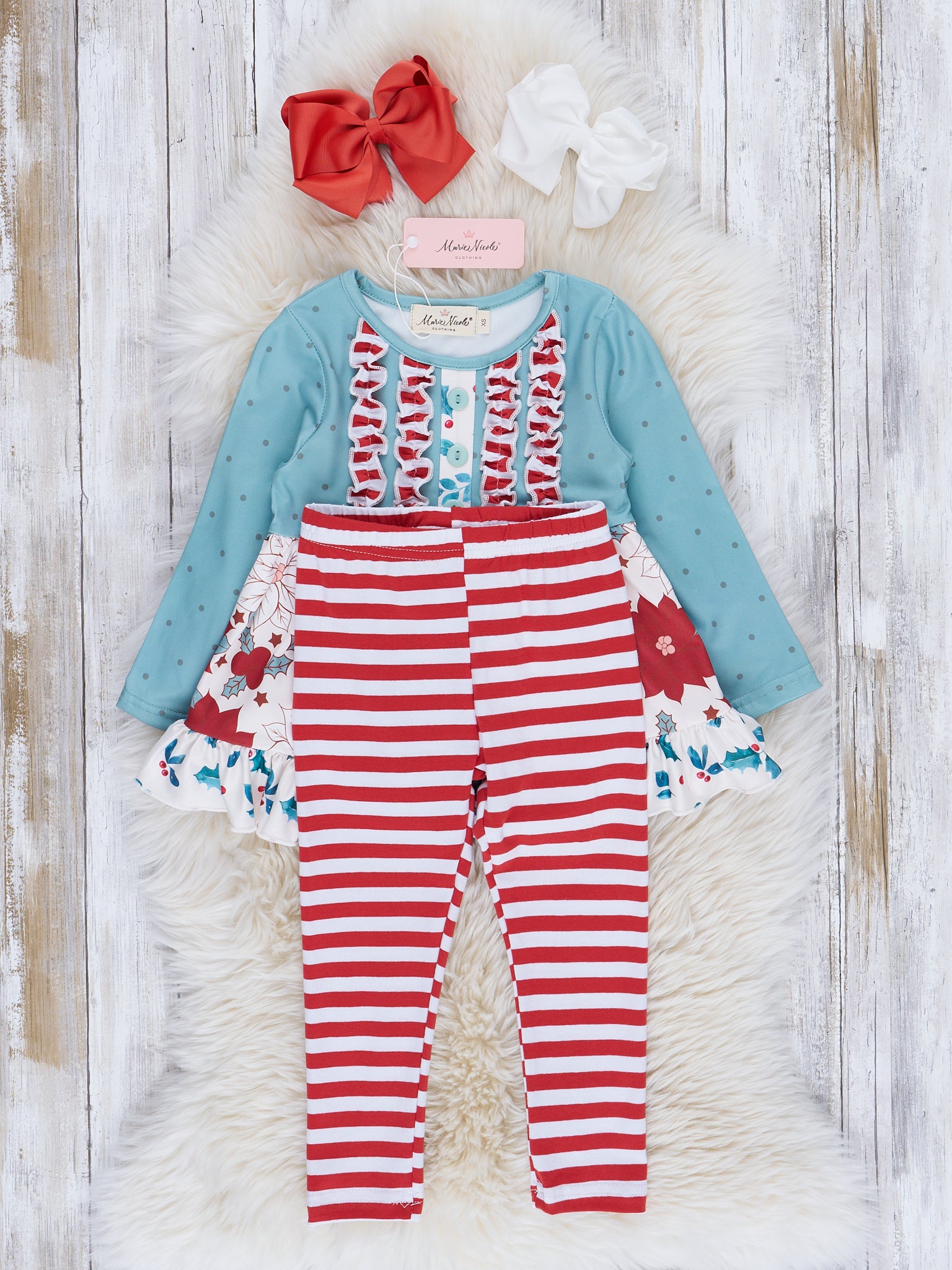 Peppermint Poinsettias Ruffle Outfit - Marie Nicole Clothing