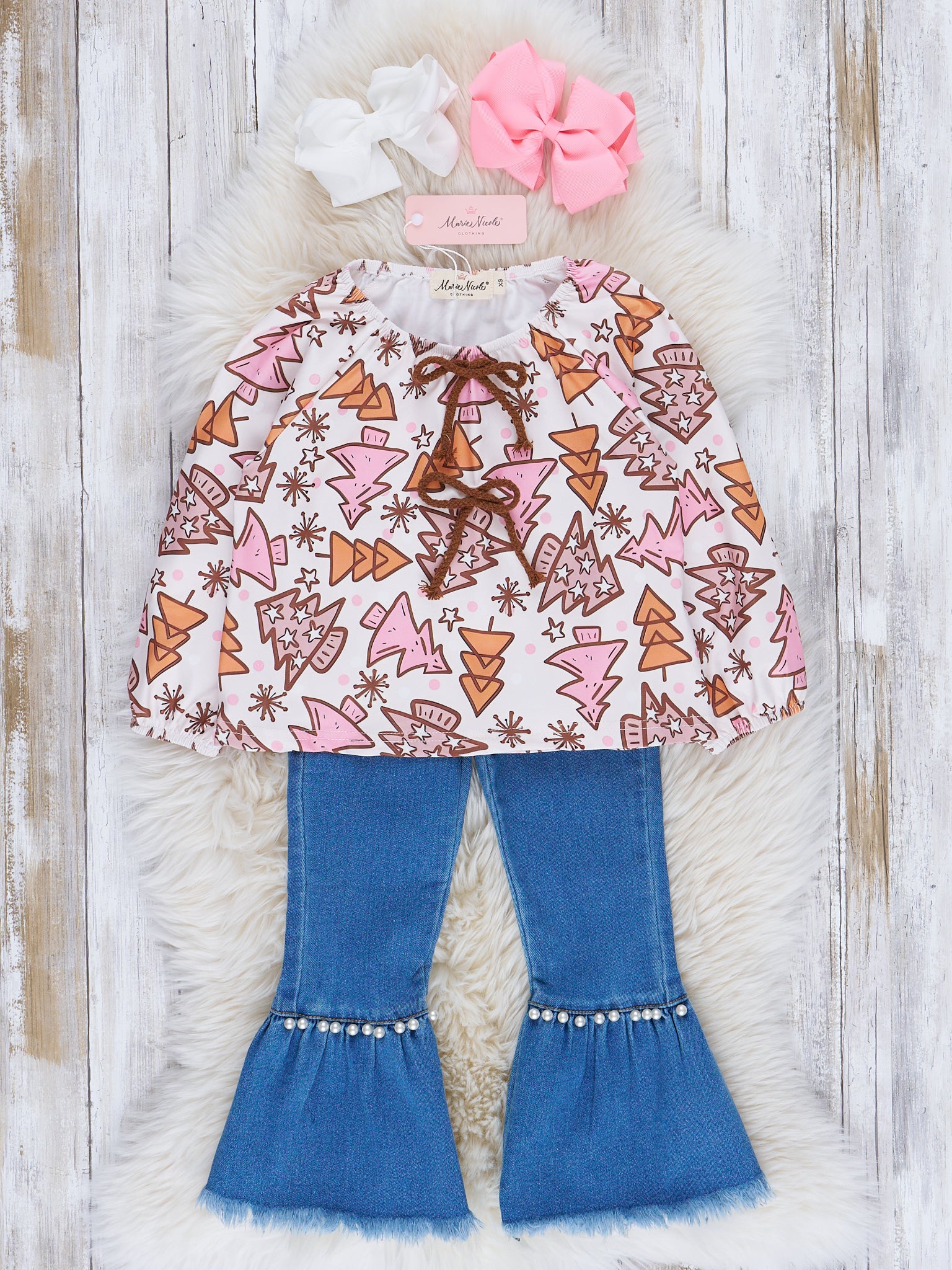 Pink & Brown Christmas Tree Doodles Bell Bottom Outfit - Marie Nicole Clothing