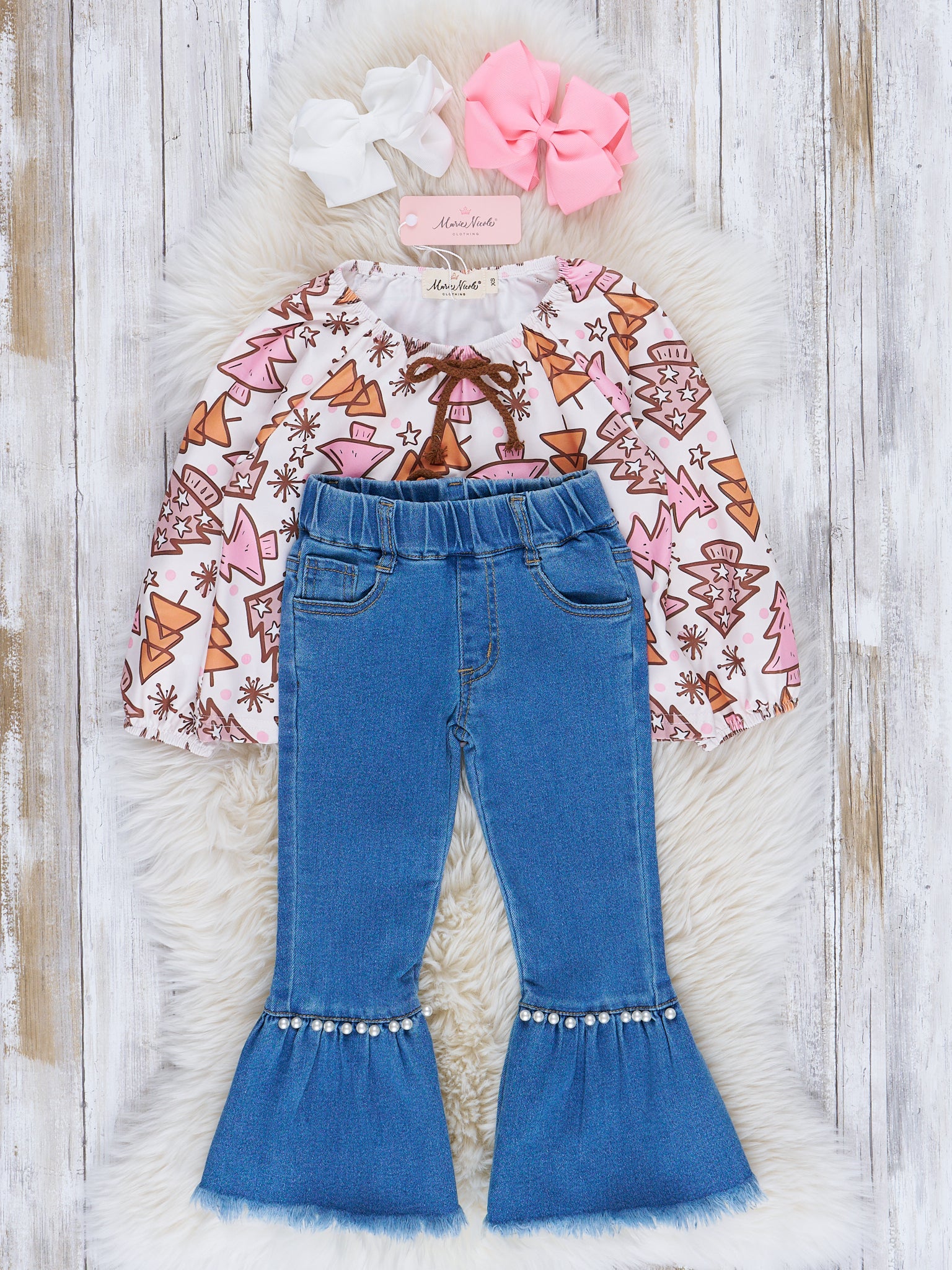 Pink & Brown Christmas Tree Doodles Bell Bottom Outfit - Marie Nicole Clothing