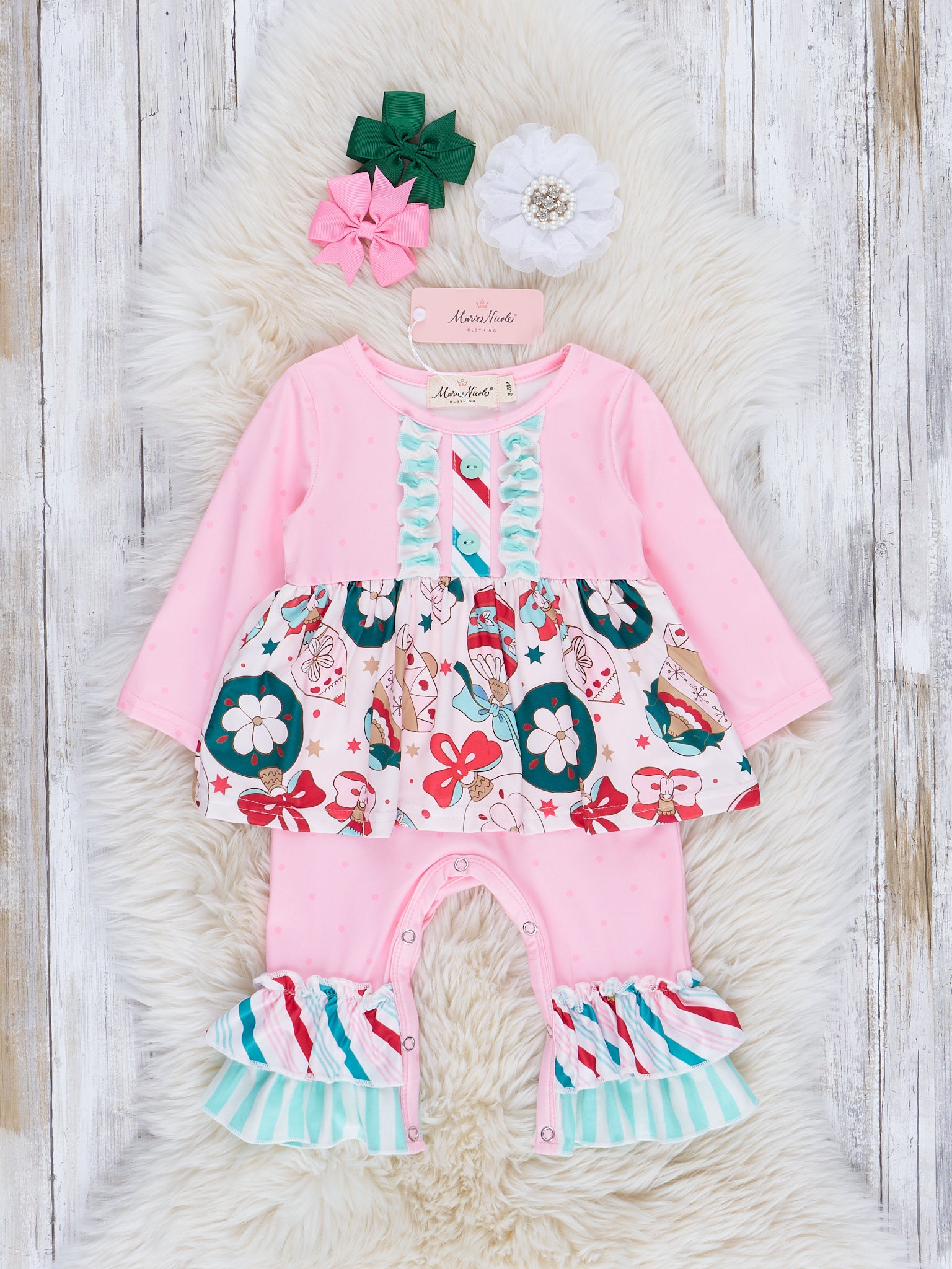 Pink & Mint Holiday Ornaments Ruffle Romper - Marie Nicole Clothing