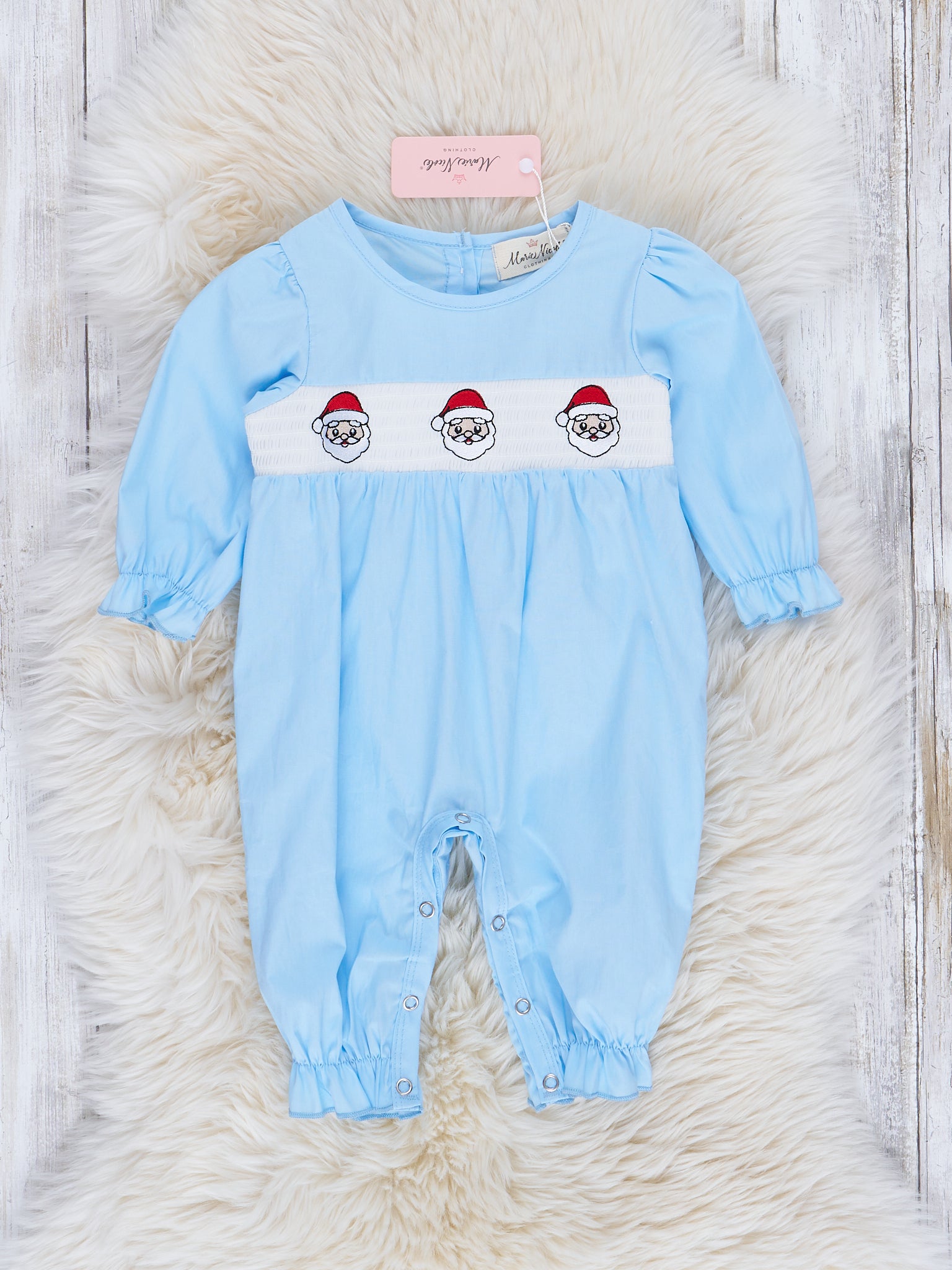 Light Blue Smocked Santa Romper - Marie Nicole Clothing