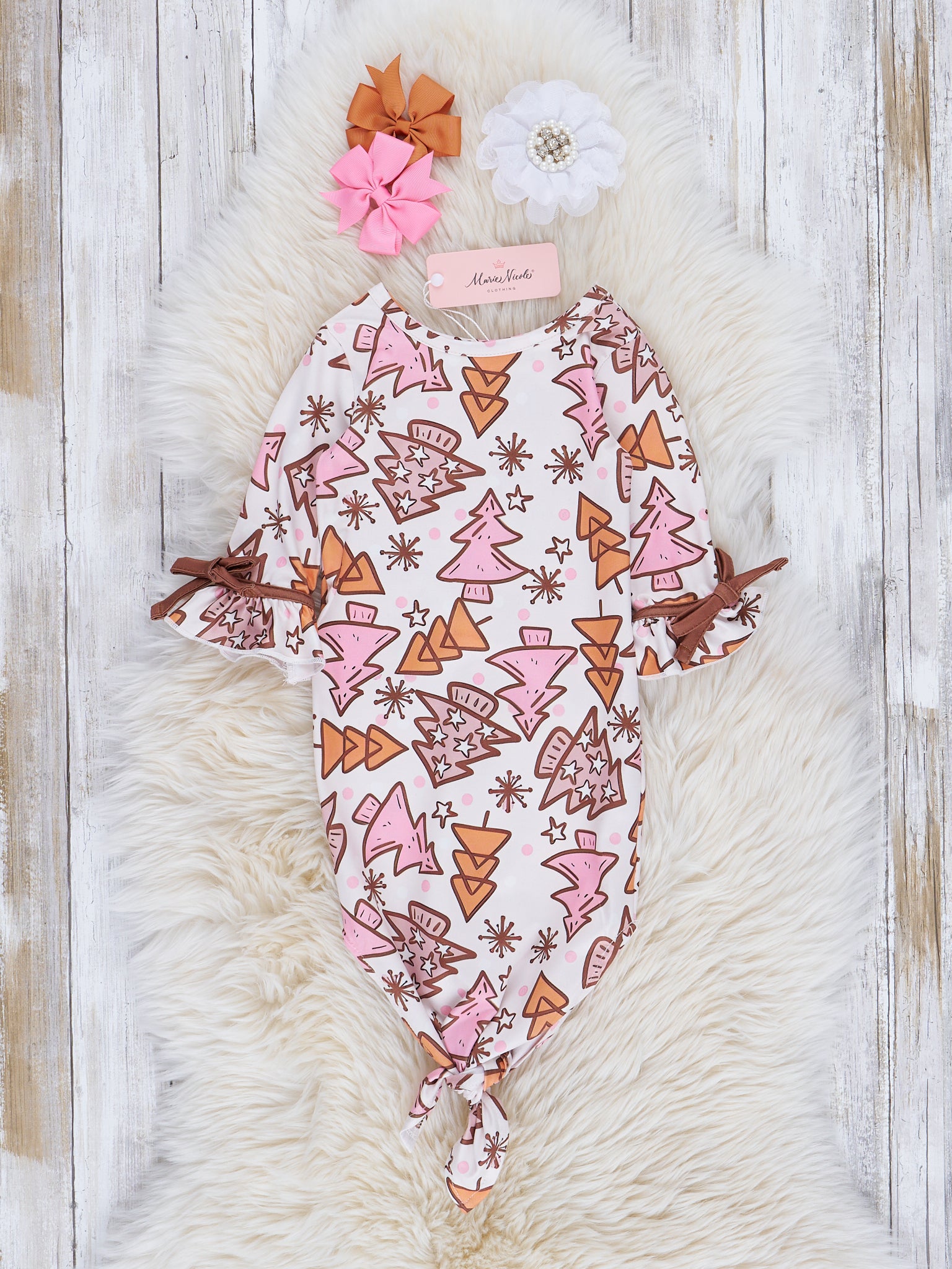 Pink & Brown Christmas Tree Doodles Knot Gown - Marie Nicole Clothing