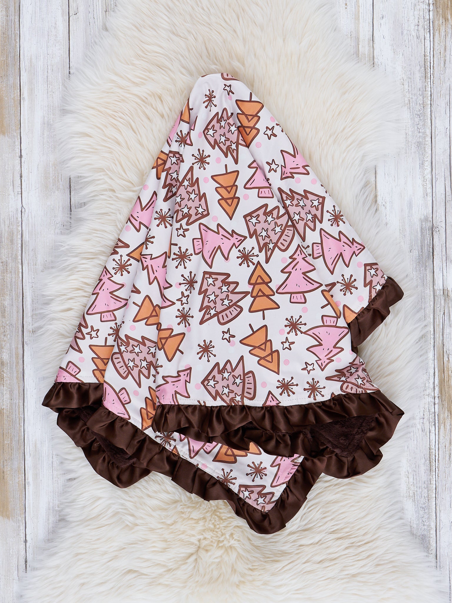 Pink & Brown Christmas Tree Doodles Ruffle Minky Blanket - Marie Nicole Clothing